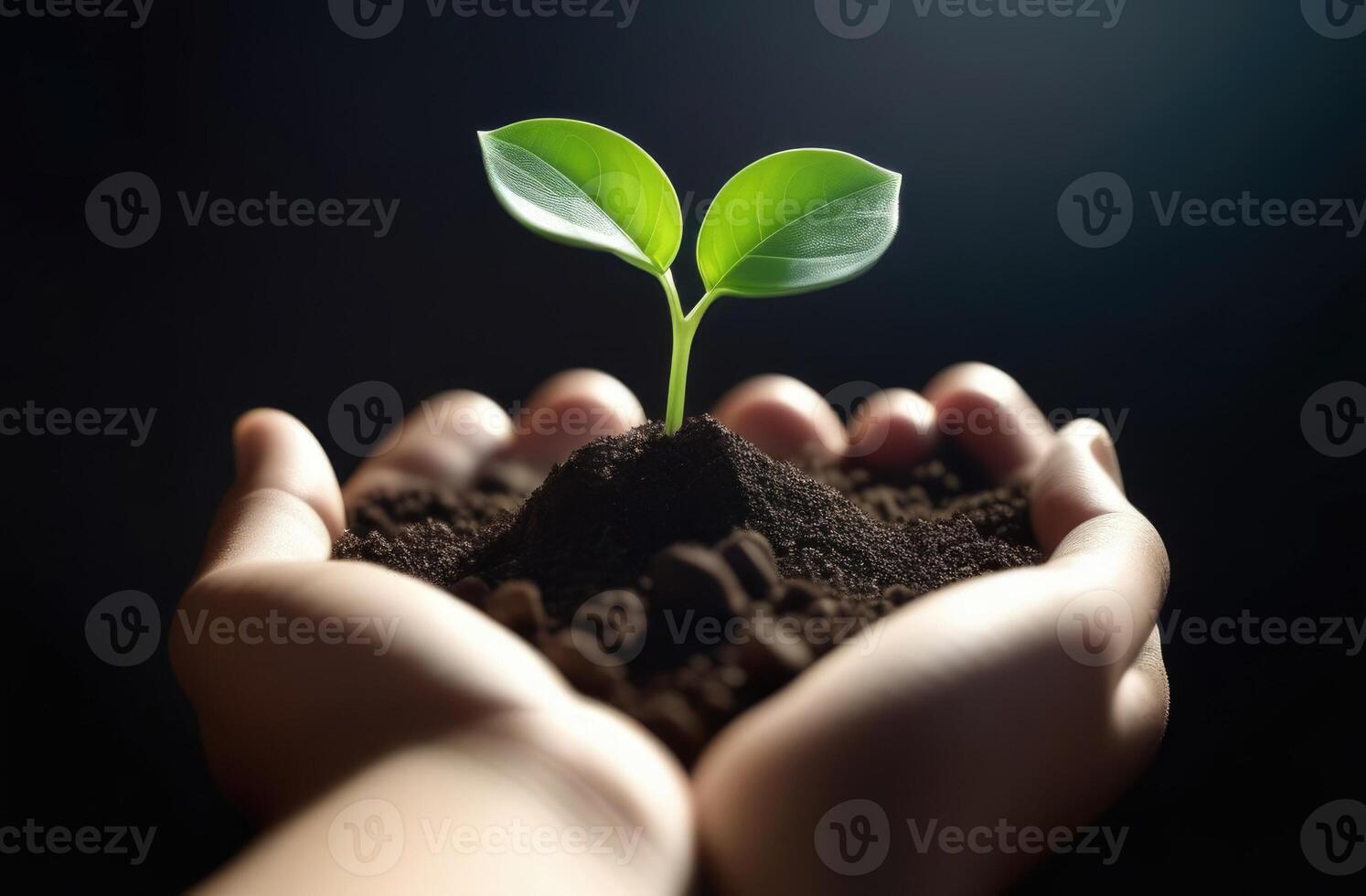 AI generated Arbor Day, a green sprout in the palms, a handful of earth in the hands, Handholding tree sapling, a young plant grows out of the soil, planting plants, dark background photo