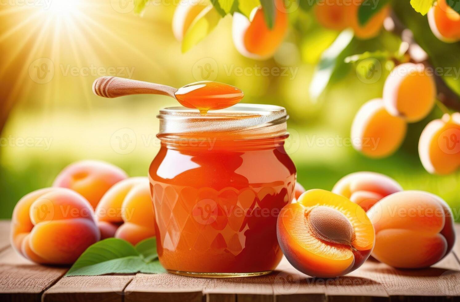 AI generated a jar of apricot jam on a wooden table, an apricot garden, ripe apricots hanging on a branch of an apricot tree, an apricot plantation, organic farming photo