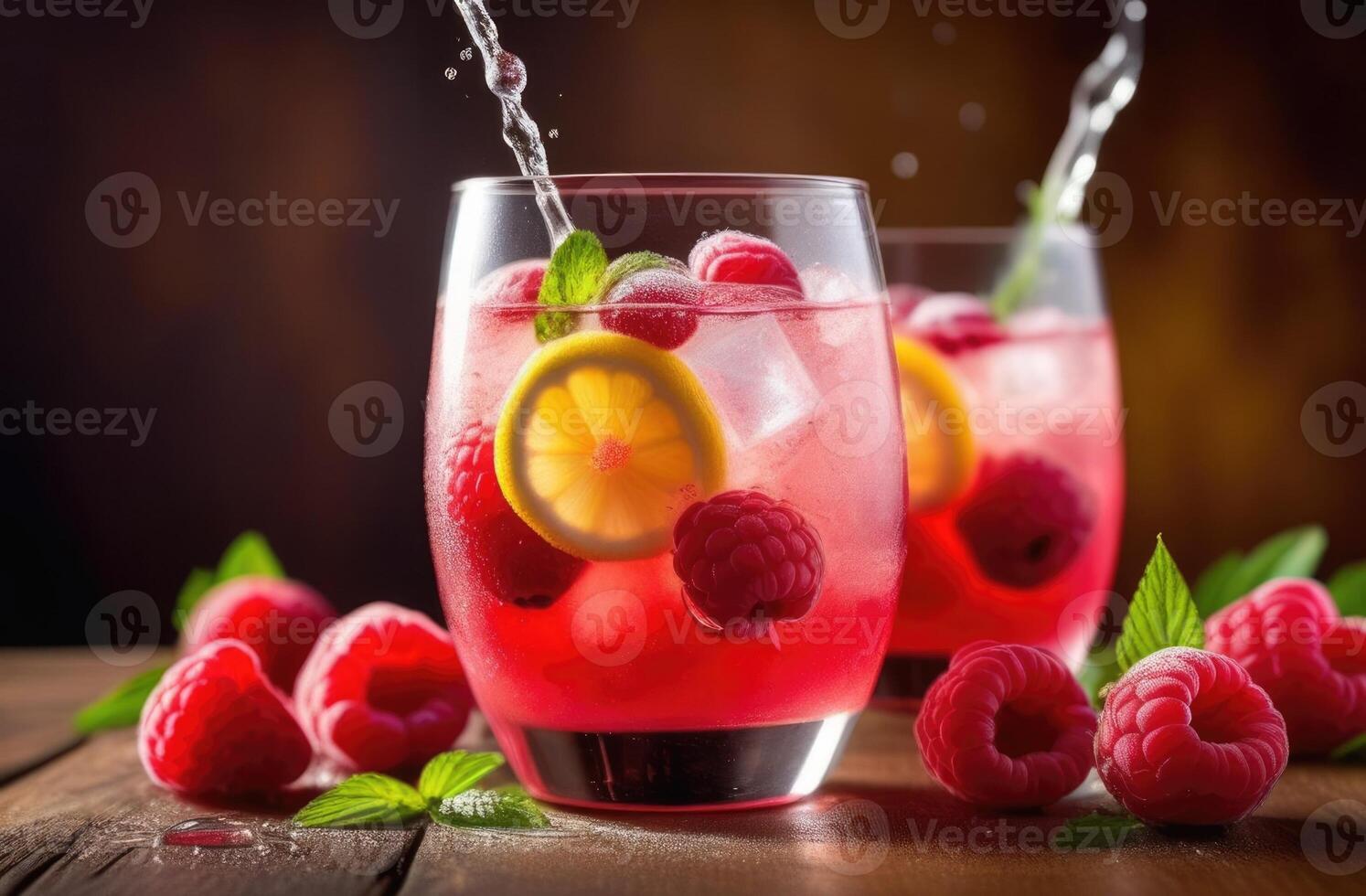 AI generated glass of non-alcoholic raspberry lemonade with mint, refreshing drink, fresh summer cocktail with ice, detox water, berry cocktail photo