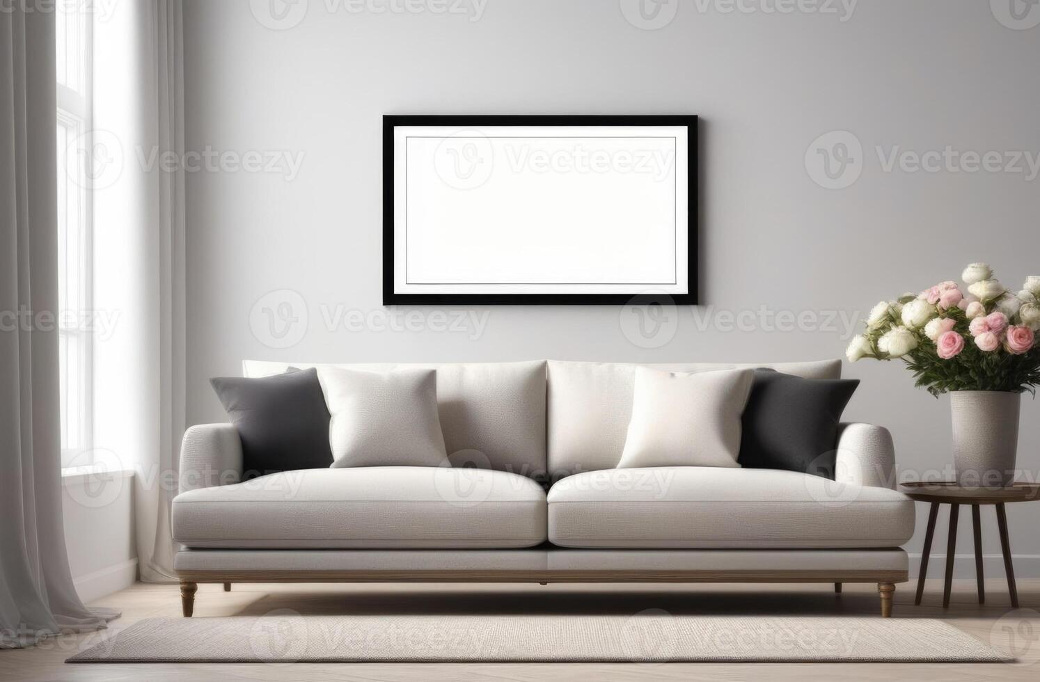 AI generated empty mockup picture frame on the wall, interior of a modern living room, minimalist interior, lounge area with a white sofa, indoor plants, poster template photo