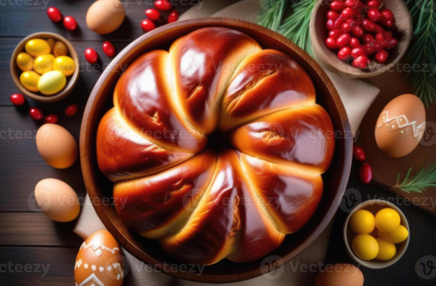 AI generated Easter, traditional Easter pastries, Easter dessert, national Greek pie tsureki, sweet bread korek, panaret, kozunak, colored eggs, wooden table, top view photo