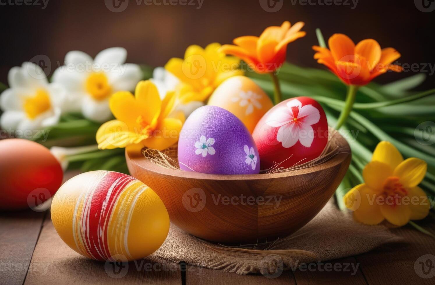 AI generated Easter, colorful painted eggs decorated with ornaments and patterns, spring flowers, wooden background photo