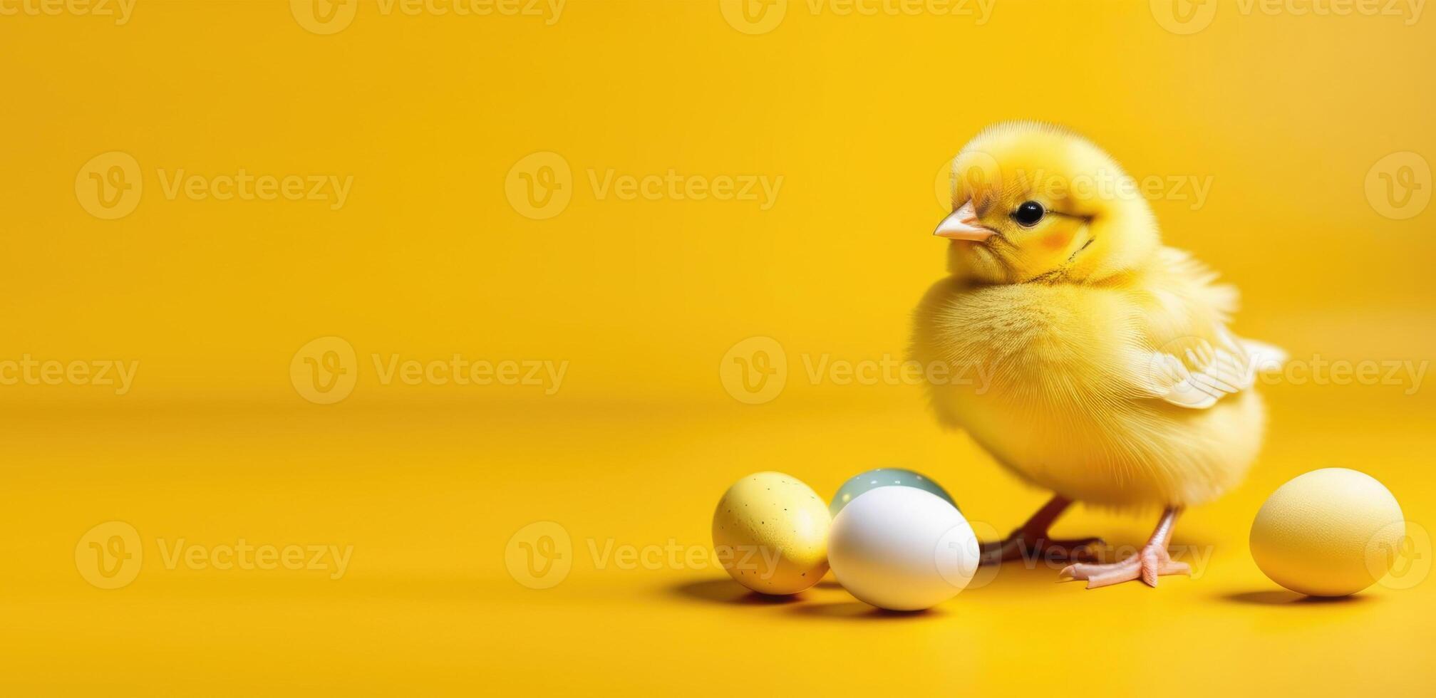 ai generado mundo pájaro día, Pascua de Resurrección, gracioso amarillo polluelo, pequeño Pascua de Resurrección pollo, aves de corral, vistoso de colores huevos, amarillo fondo, horizontal bandera, sitio para texto foto