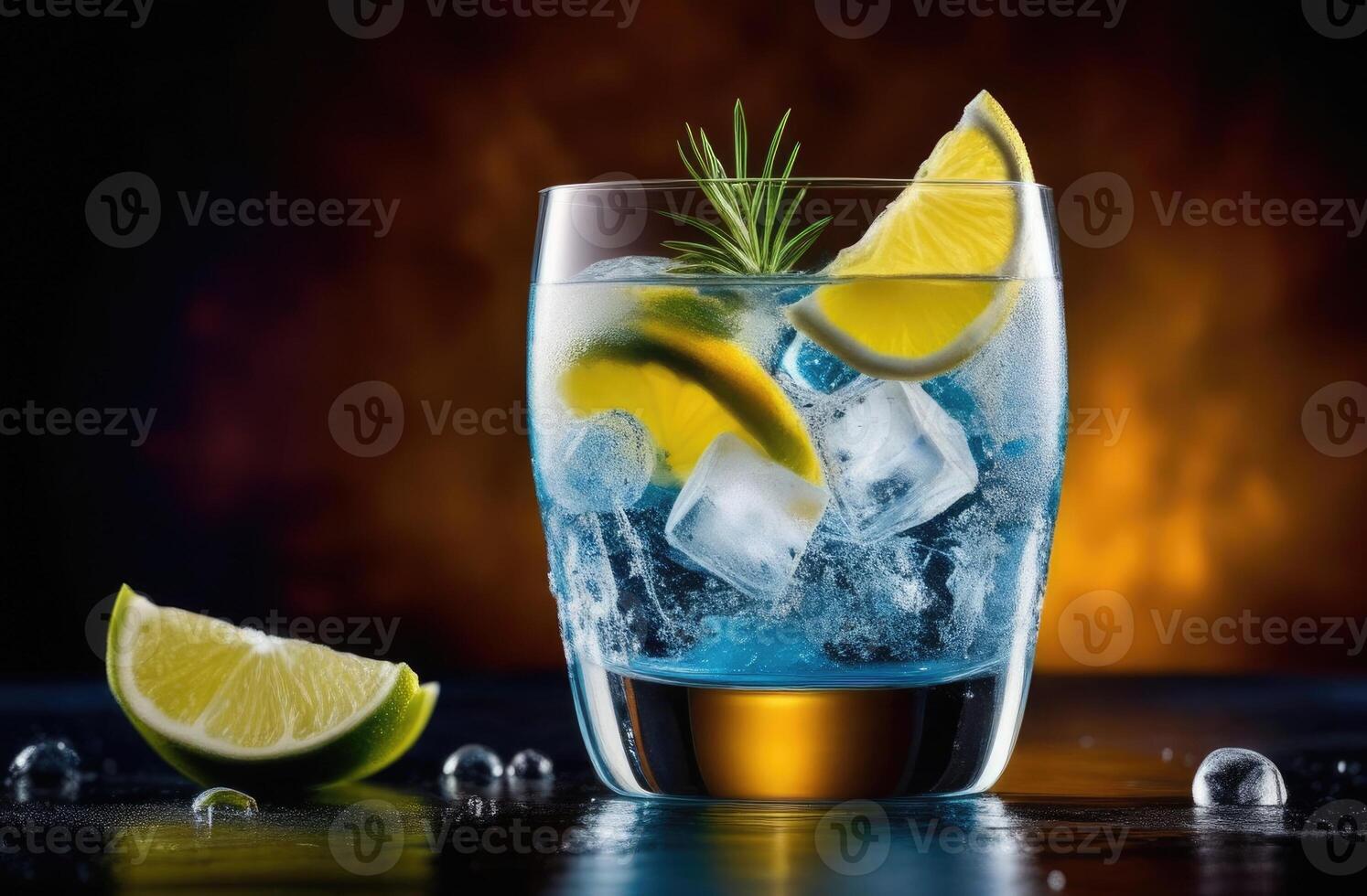 AI generated alcoholic cocktail gin and tonic, soft drink with ice, summer cocktail with lime, International Bartenders Day, dark background photo