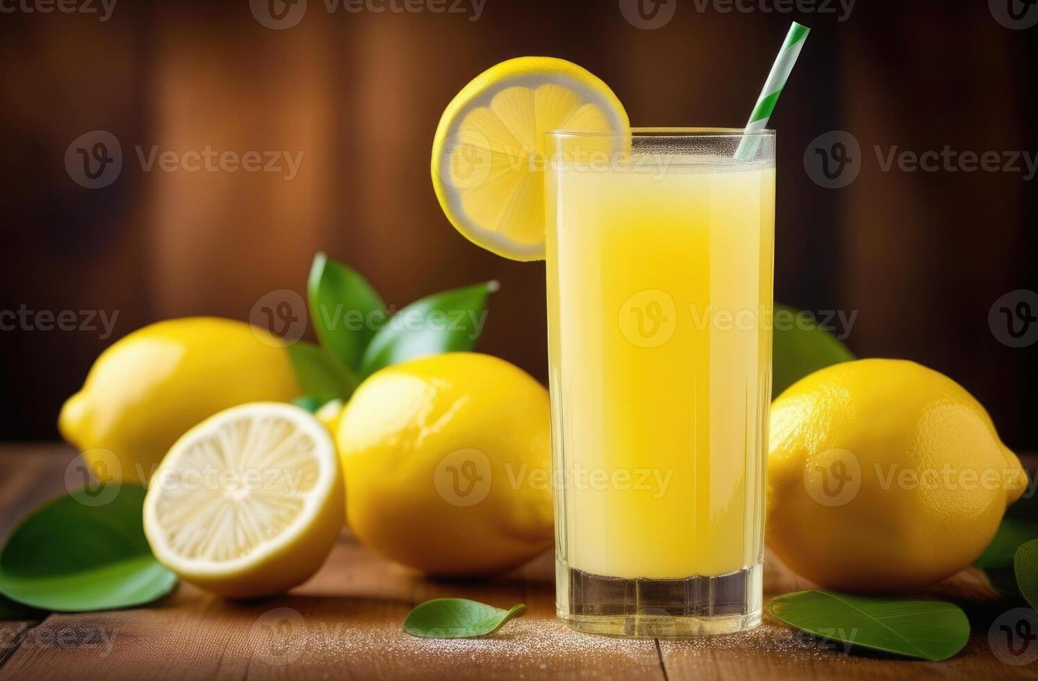 AI generated refreshing summer lemonade, a glass of freshly squeezed lemon juice on a wooden table, citrus drink, ripe lemons photo