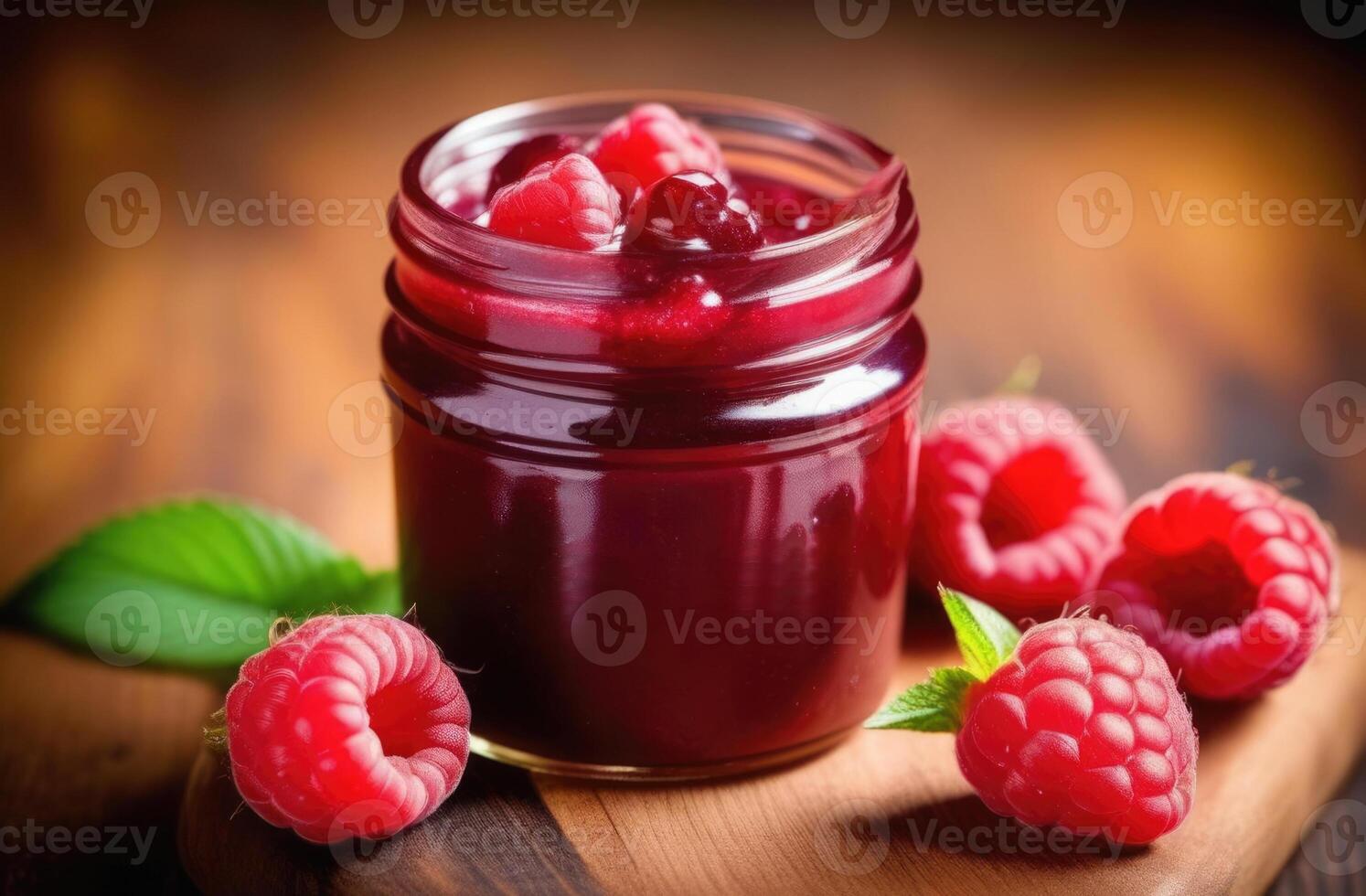 AI generated sweet dessert of fresh berries, Homemade jam with raspberries, a jar of raspberry jam, berry confiture, homemade autumn preparations photo
