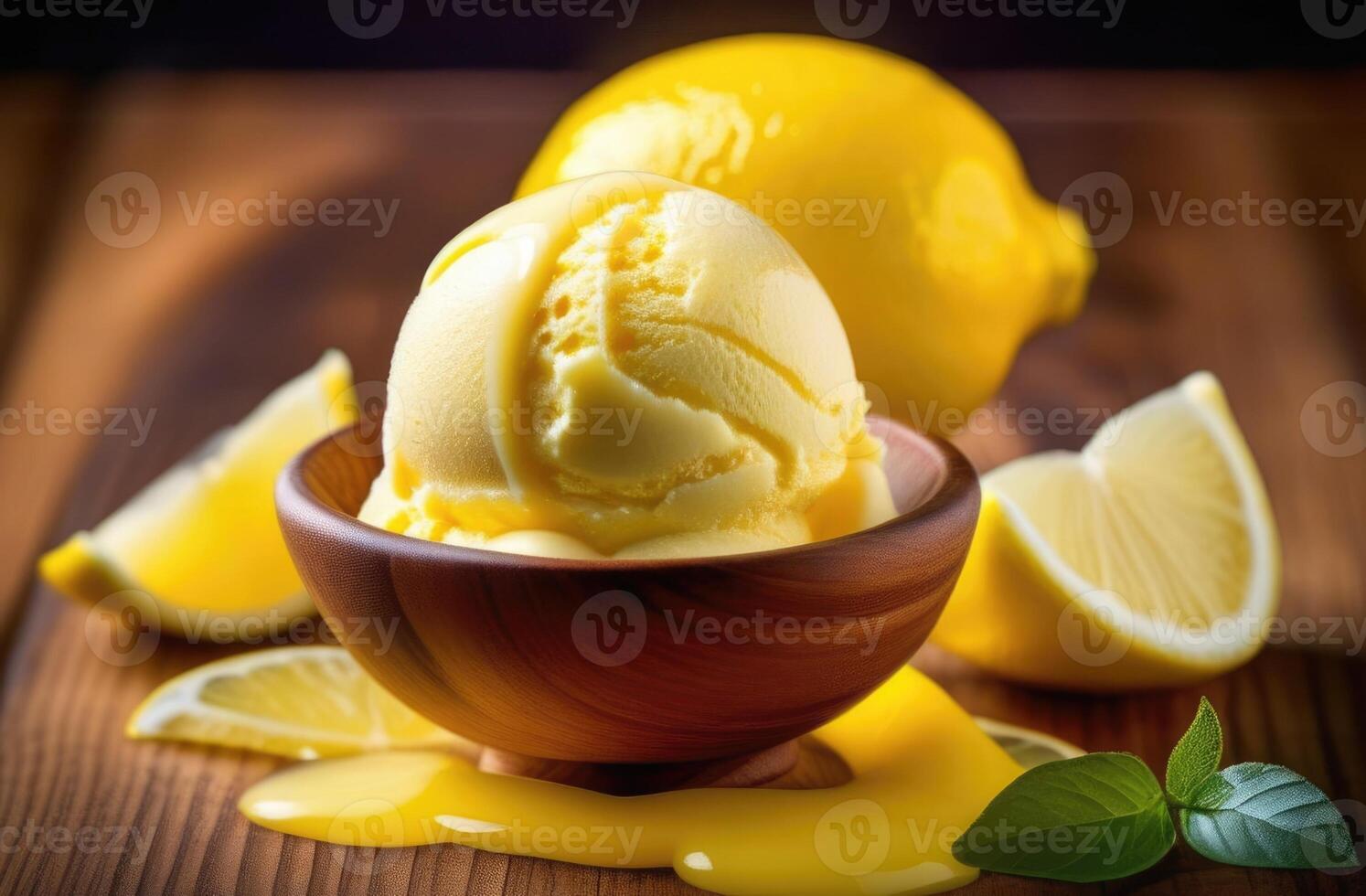 AI generated fruity sweet dessert, lemon ice cream balls, ice cream with fresh fruits, summer refreshing dessert, wooden table photo