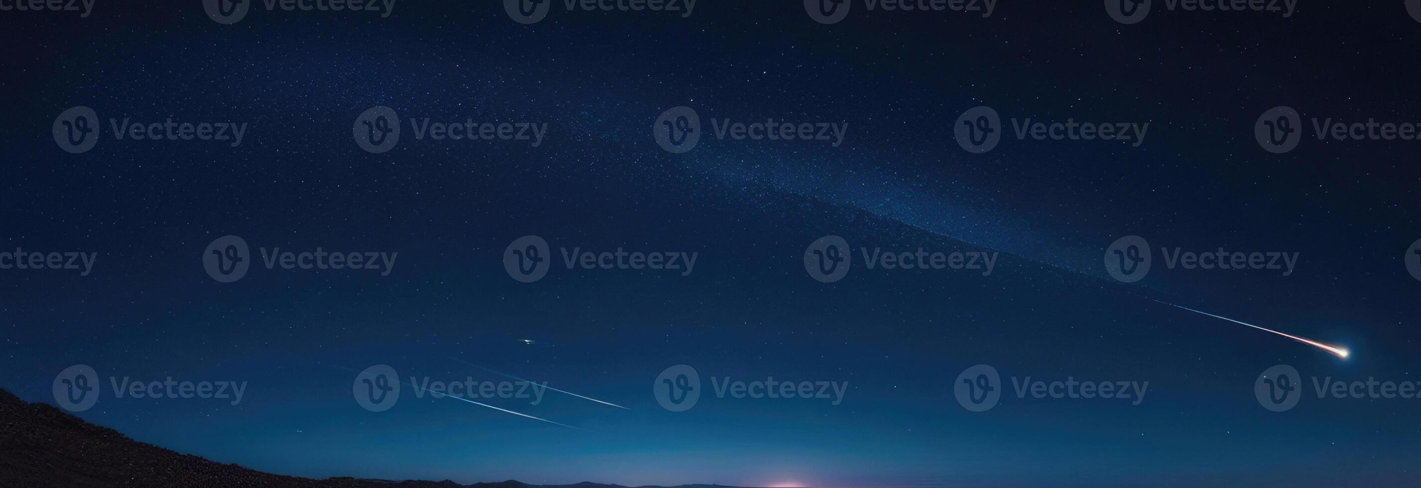AI generated Aviation and Cosmonautics Day, International Day of Human Spaceflight, comet flight, trace of a comet in space, Milky Way, horizontal banner photo