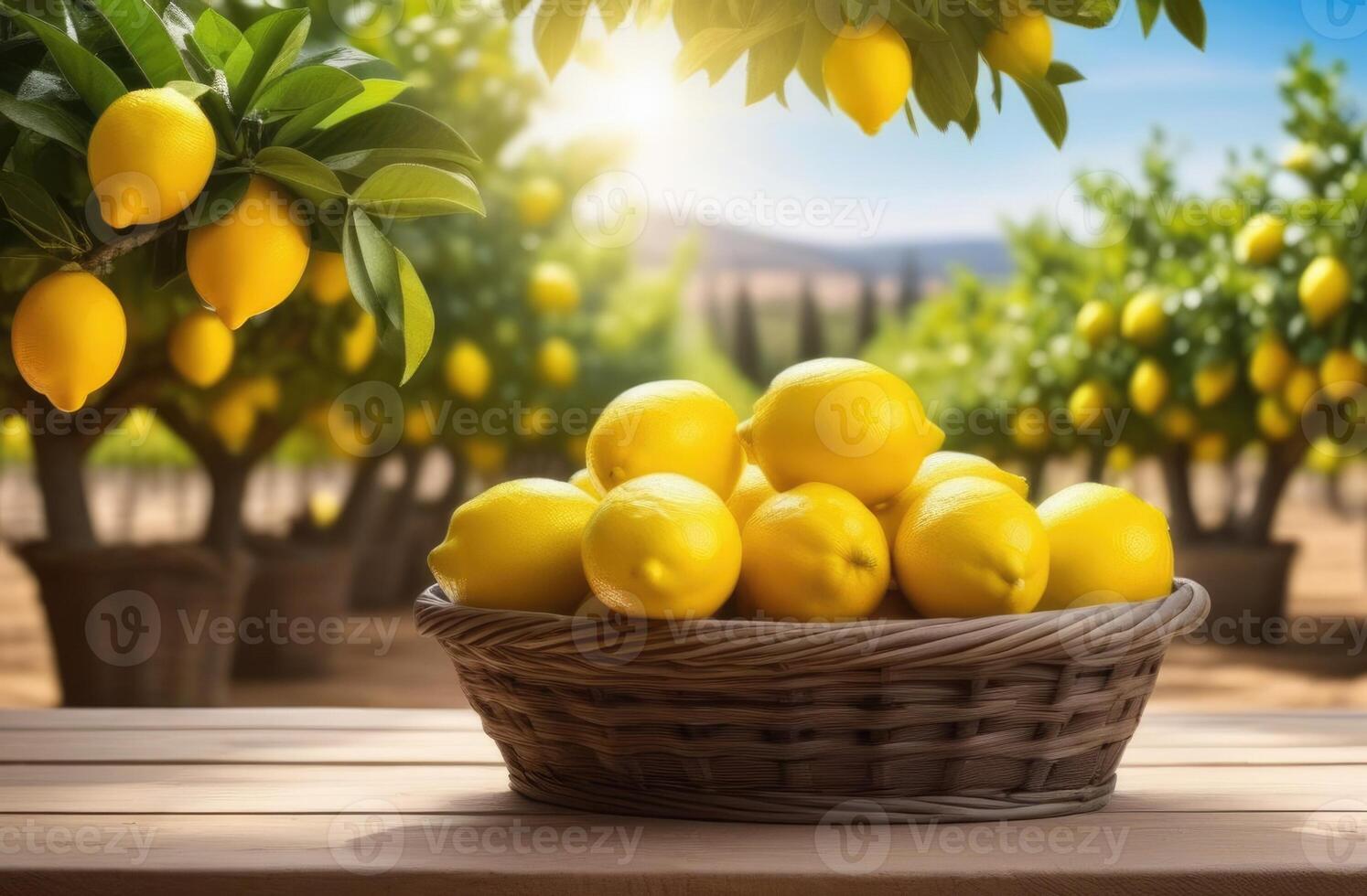 AI generated wicker baskets with ripe lemons on a wooden table, lemon garden to the horizon, lemon tree branches, long lemon plantations, Organic Farming, sunny day, sunset or dawn light photo