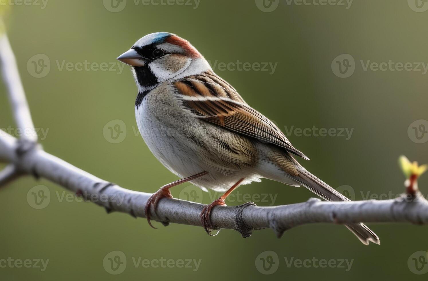 AI generated international Bird Day, World Sparrow Day, little sparrow on a tree branch, sunny day, green background photo