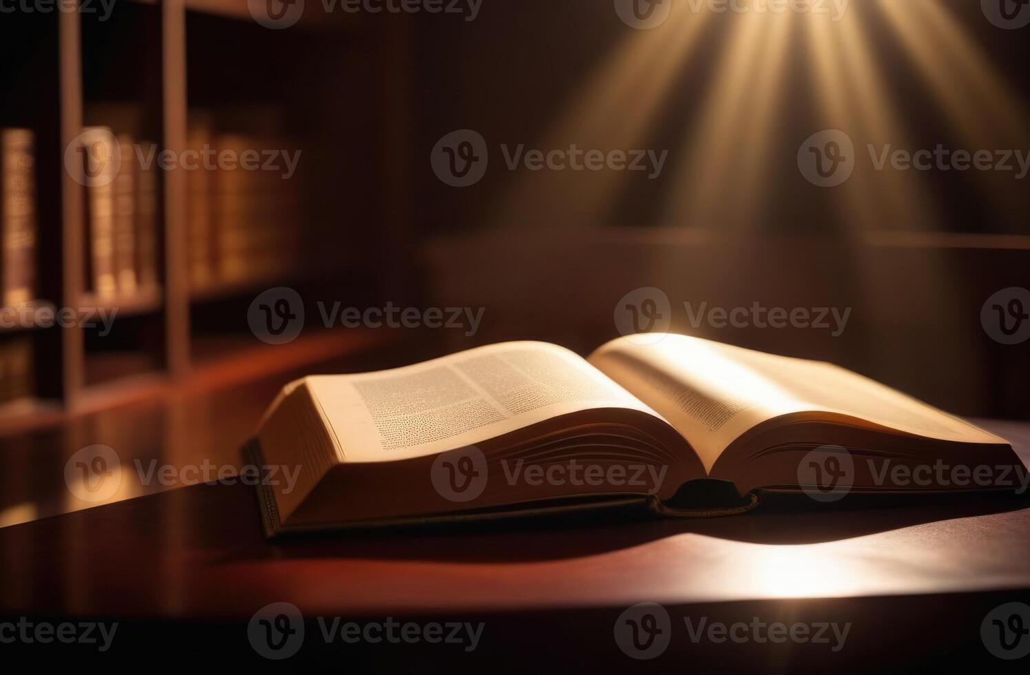 AI generated international Day of Poets and Writers, World Book and Copyright Day, magic book, open book on a wooden table, old library, dark background, sun rays photo