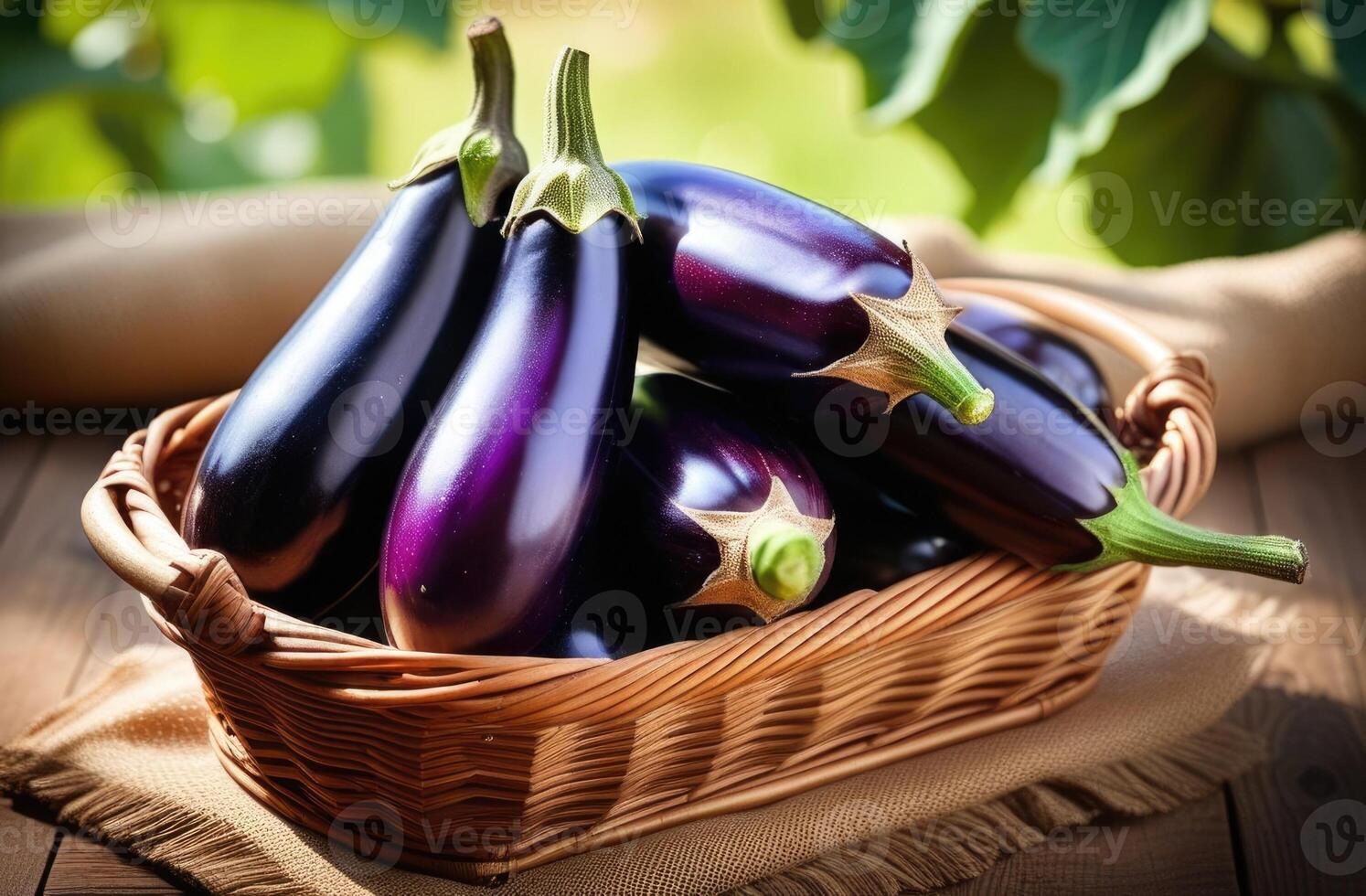 AI generated harvesting, ripe eggplants in a wicker basket on a wooden table, against the background of a vegetable garden, organic food, sunny day photo