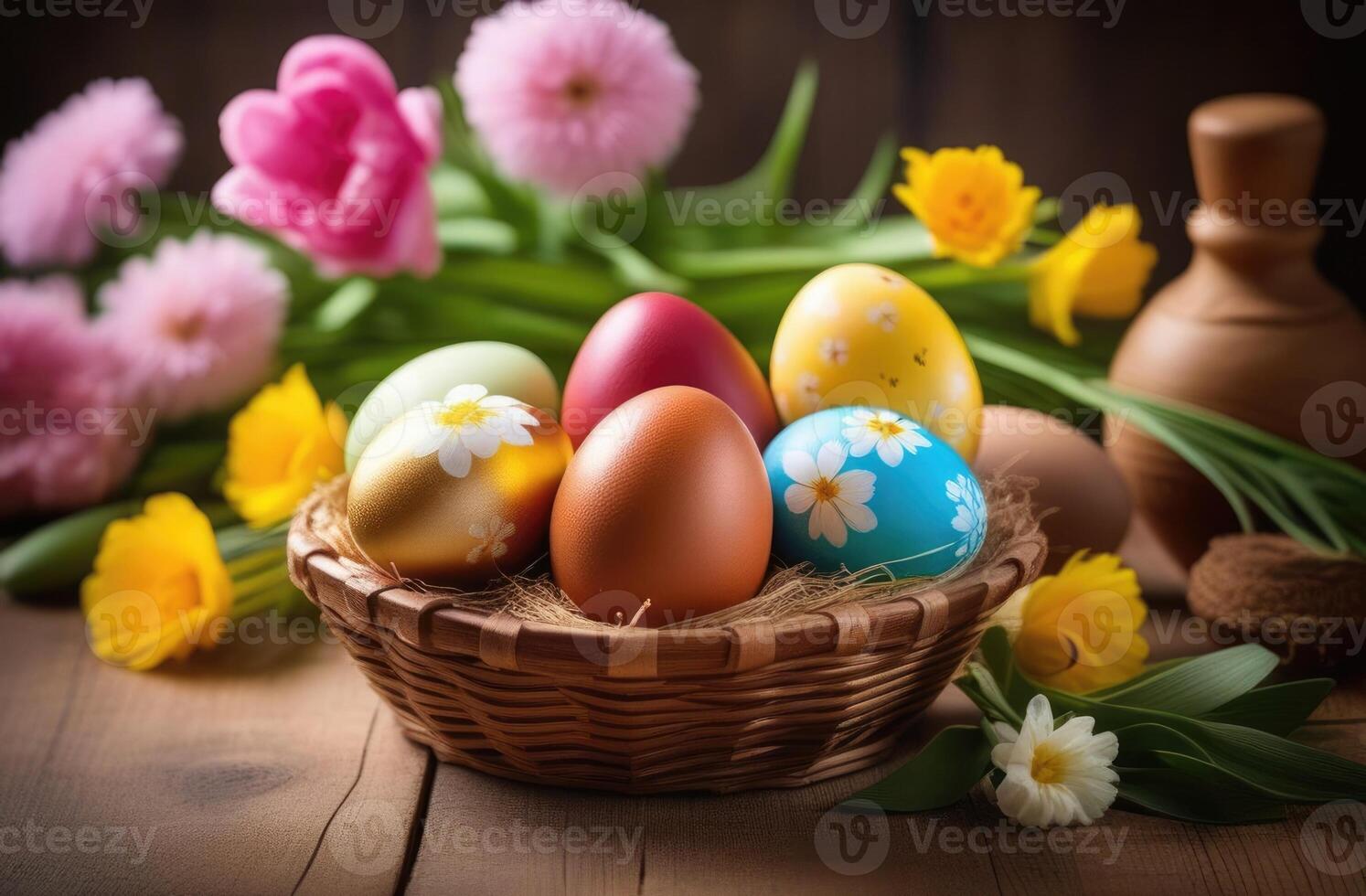 AI generated Easter, colorful painted eggs decorated with ornaments and patterns, eggs in a wicker basket, spring flowers, wooden background photo