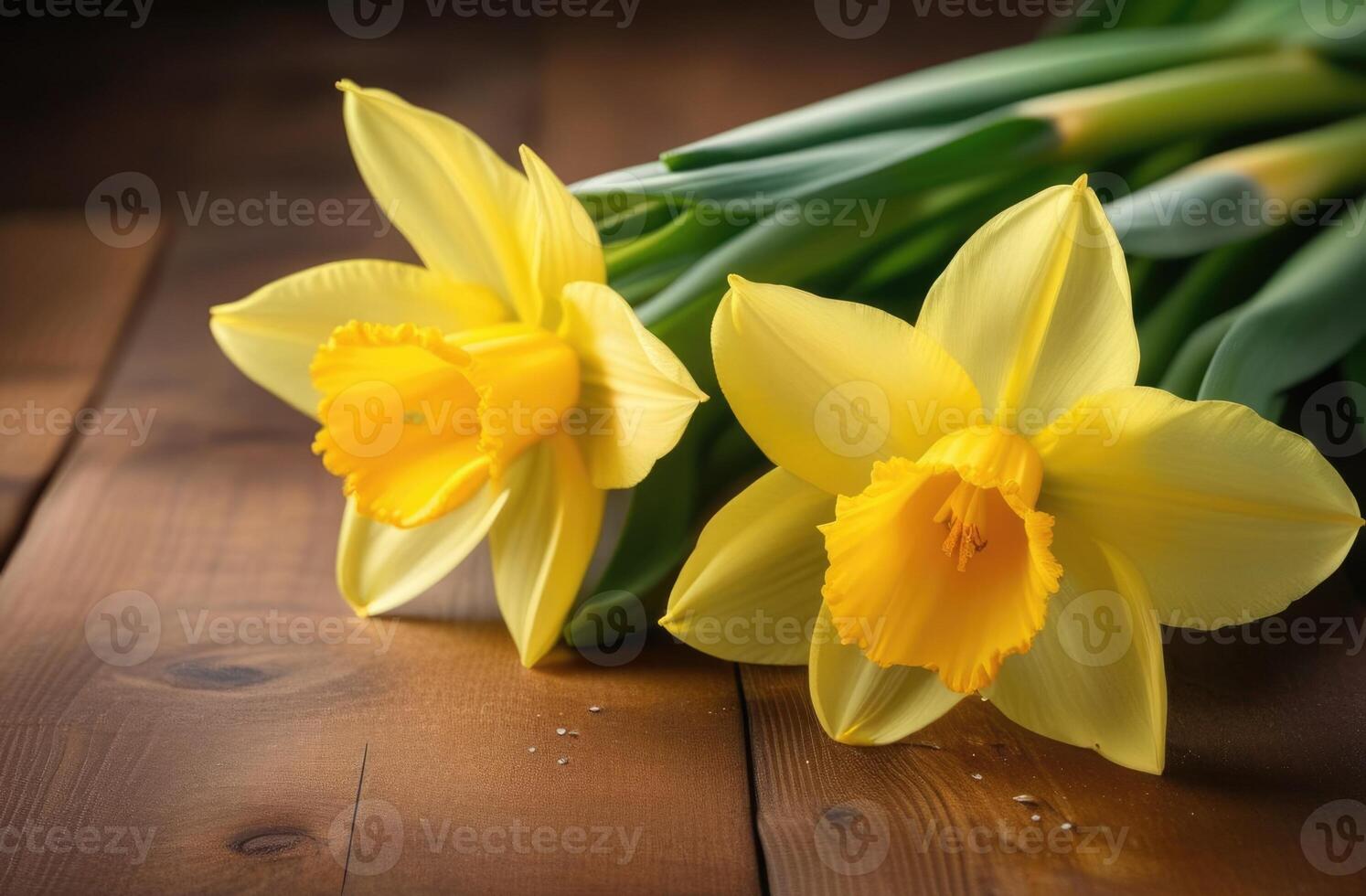 AI generated international Womens Day, Mothers Day, St. Davids Day, bouquet of yellow daffodils, spring flowers, wooden table photo