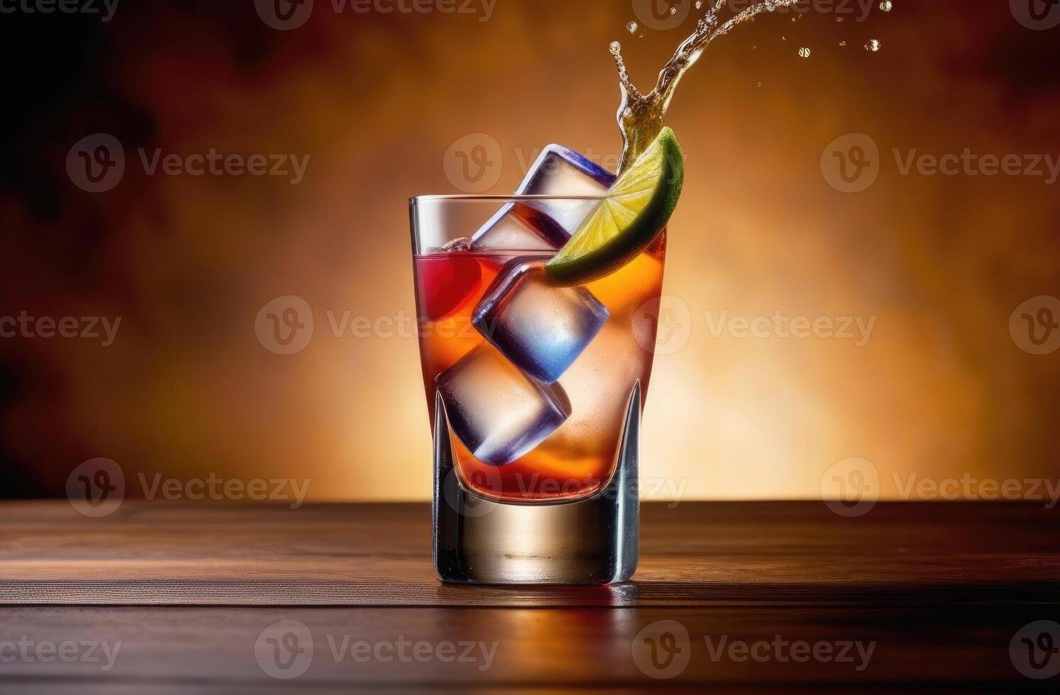 AI generated soft drink with ice, alcoholic cocktail, summer cocktail with lime, International Bartenders Day, dark background, wooden table photo