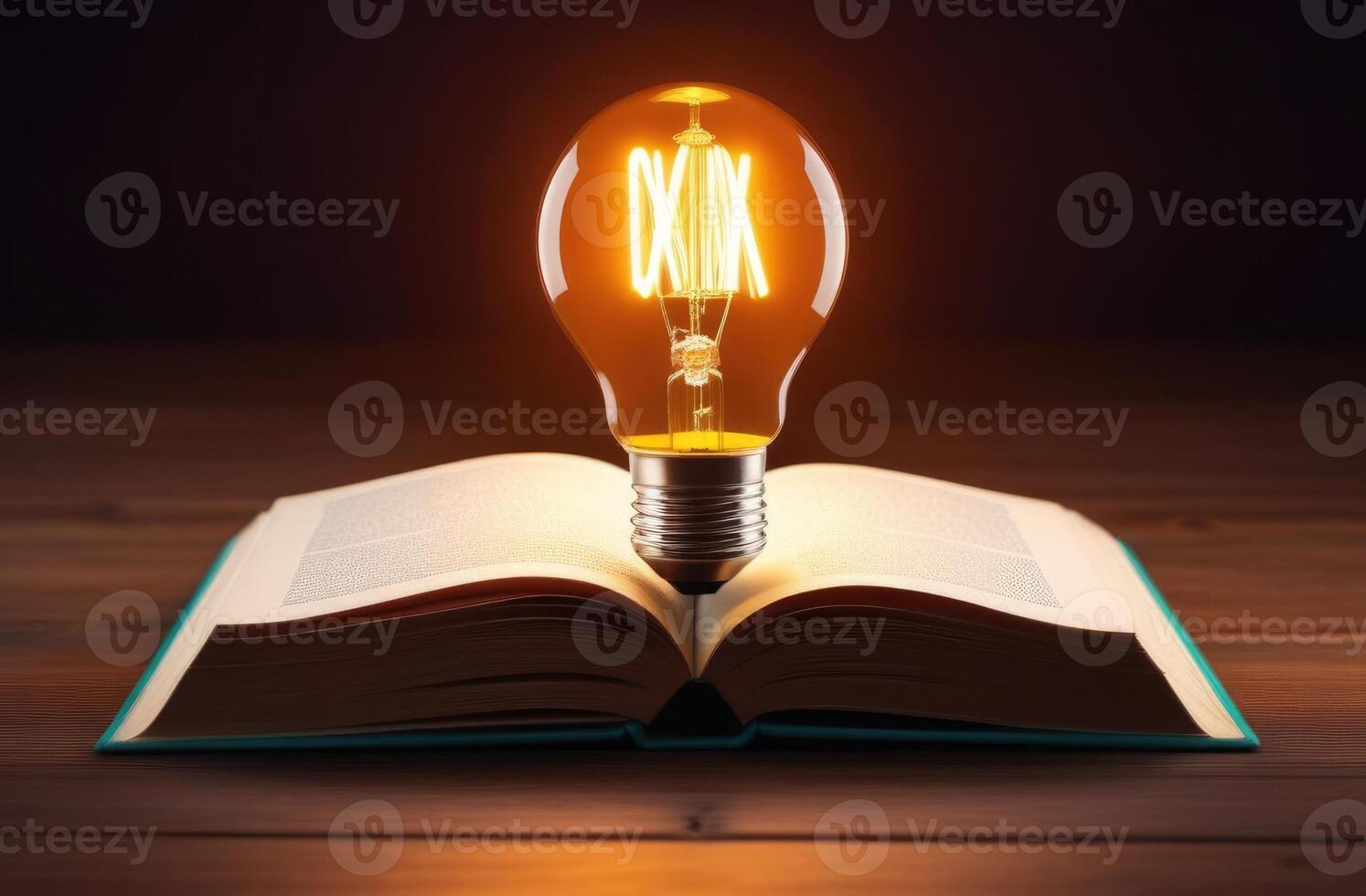 AI generated World Intellectual Property Day, a burning light bulb on an open book, idea search, self-learning, thinking and creative concept, gaining knowledge, dark background photo