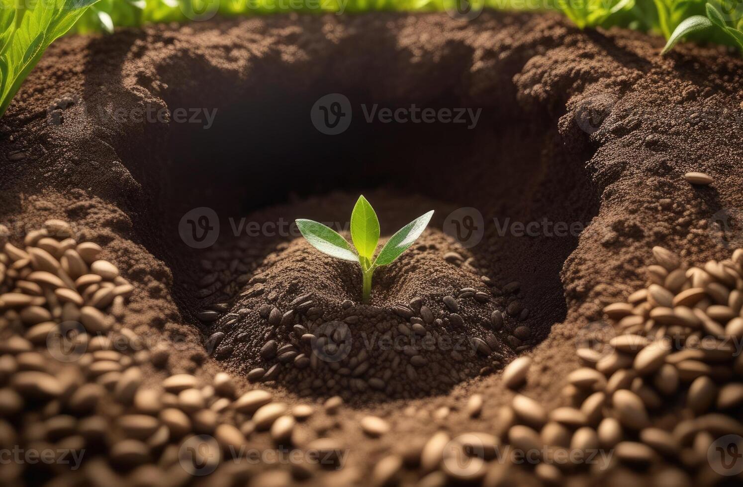 ai generado cenador día, plantando plantas, un joven árbol crece fuera de el suelo, contorno luz, soleado día foto