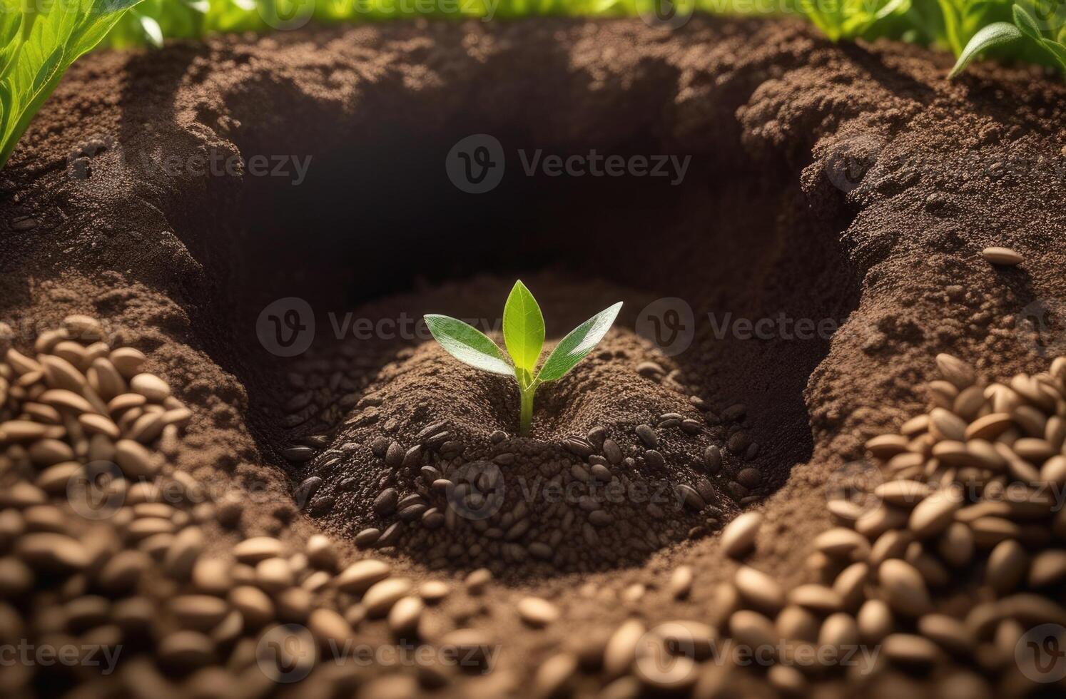 AI generated Arbor Day, planting plants, a young tree grows out of the soil, contour light, sunny day photo