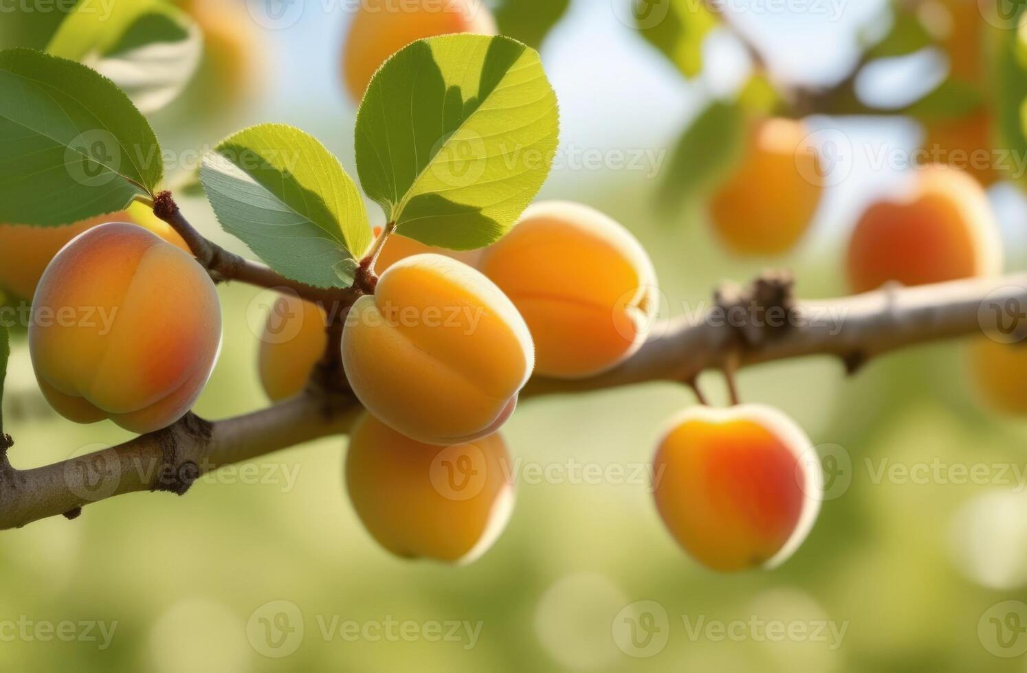 AI generated ripe apricots hanging on an apricot tree branch, apricot orchard, apricot plantation, organic farming photo