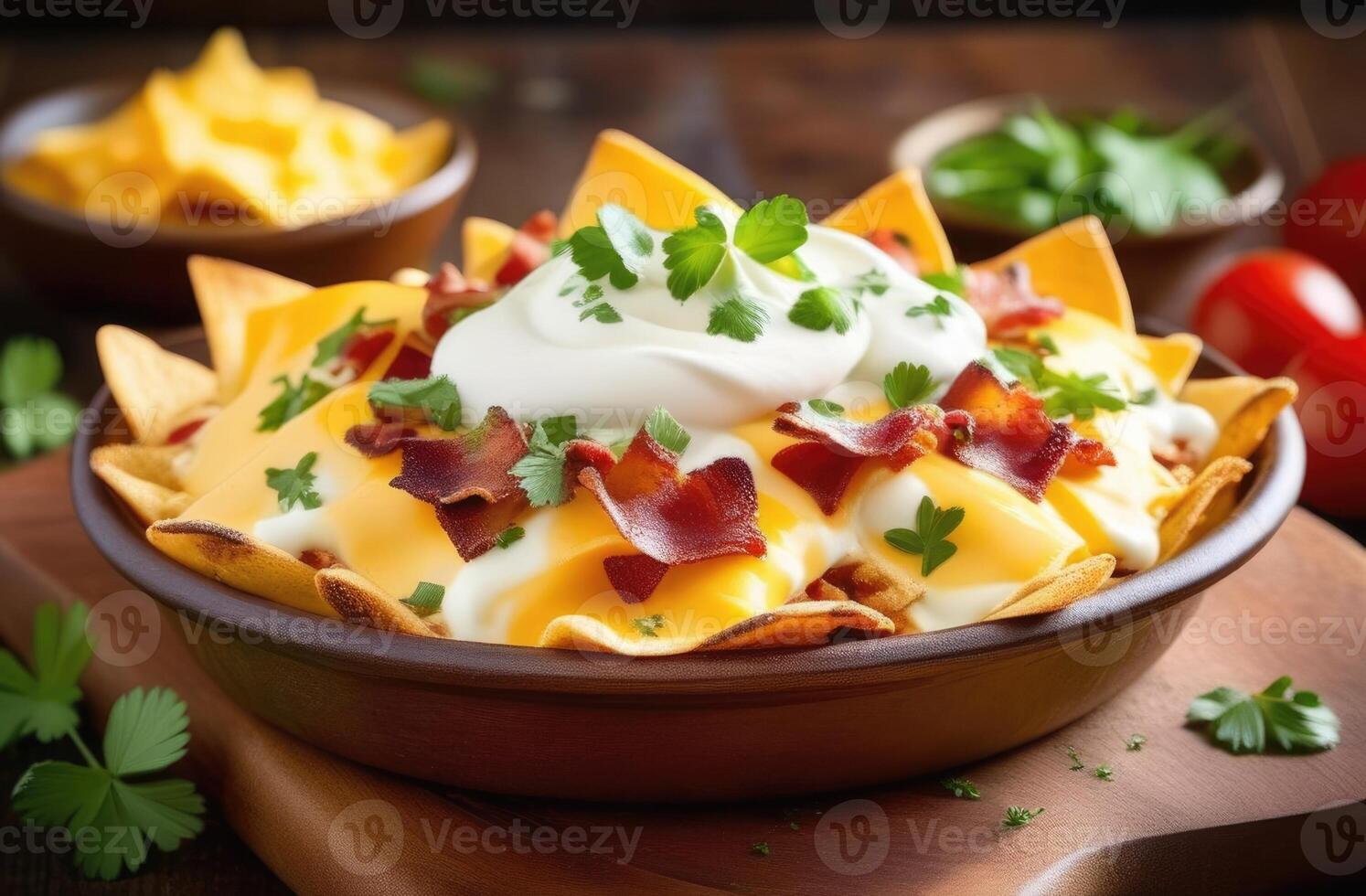 AI generated St. Patrick's Day, traditional Irish pastries, national Irish cuisine, Irish nachos with cheese and bacon, sour cream sauce and herbs photo