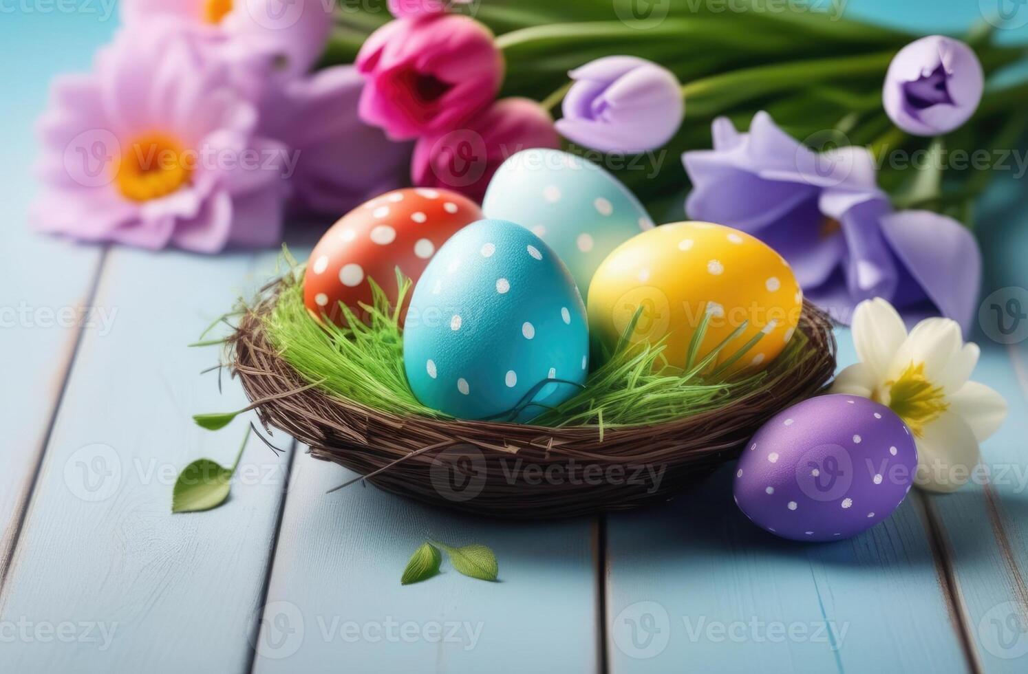 AI generated Easter, colorful painted eggs decorated with ornaments and patterns, eggs in a wicker nest, tulips and chrysanthemums, spring flowers, wooden blue background photo