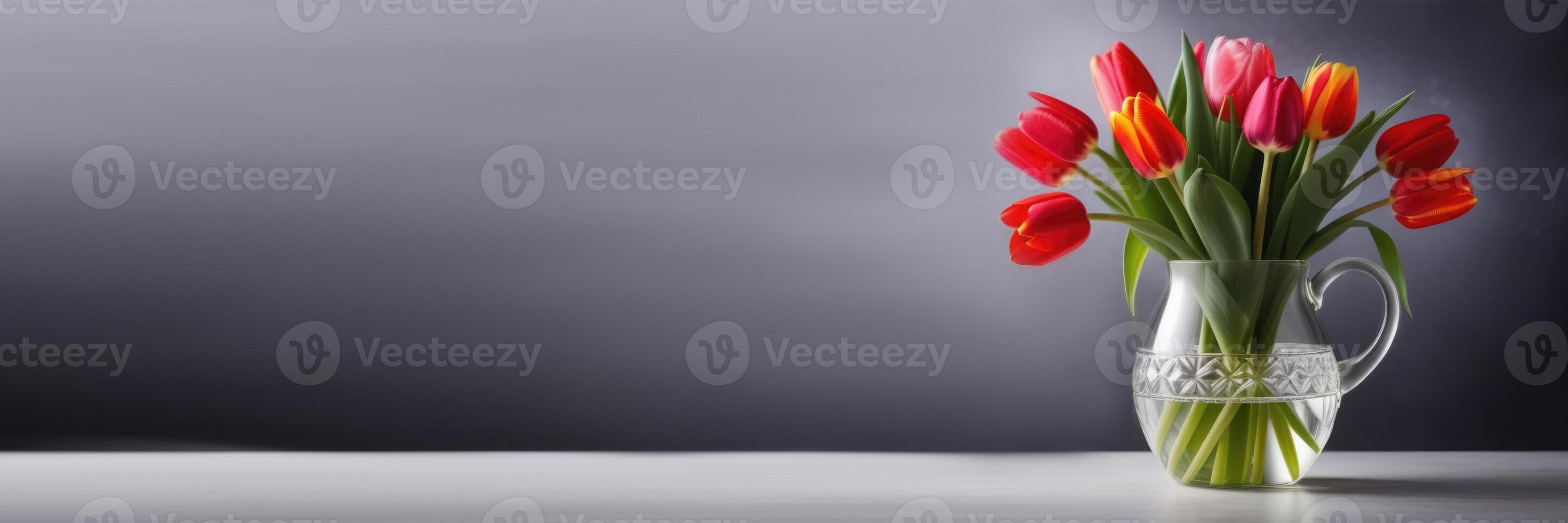 AI generated Valentine's Day, Mother's Day, National Grandmothers Day, International Women's Day, bouquet of red tulips in a glass vase, dark gray background, horizontal web banner, place for text photo