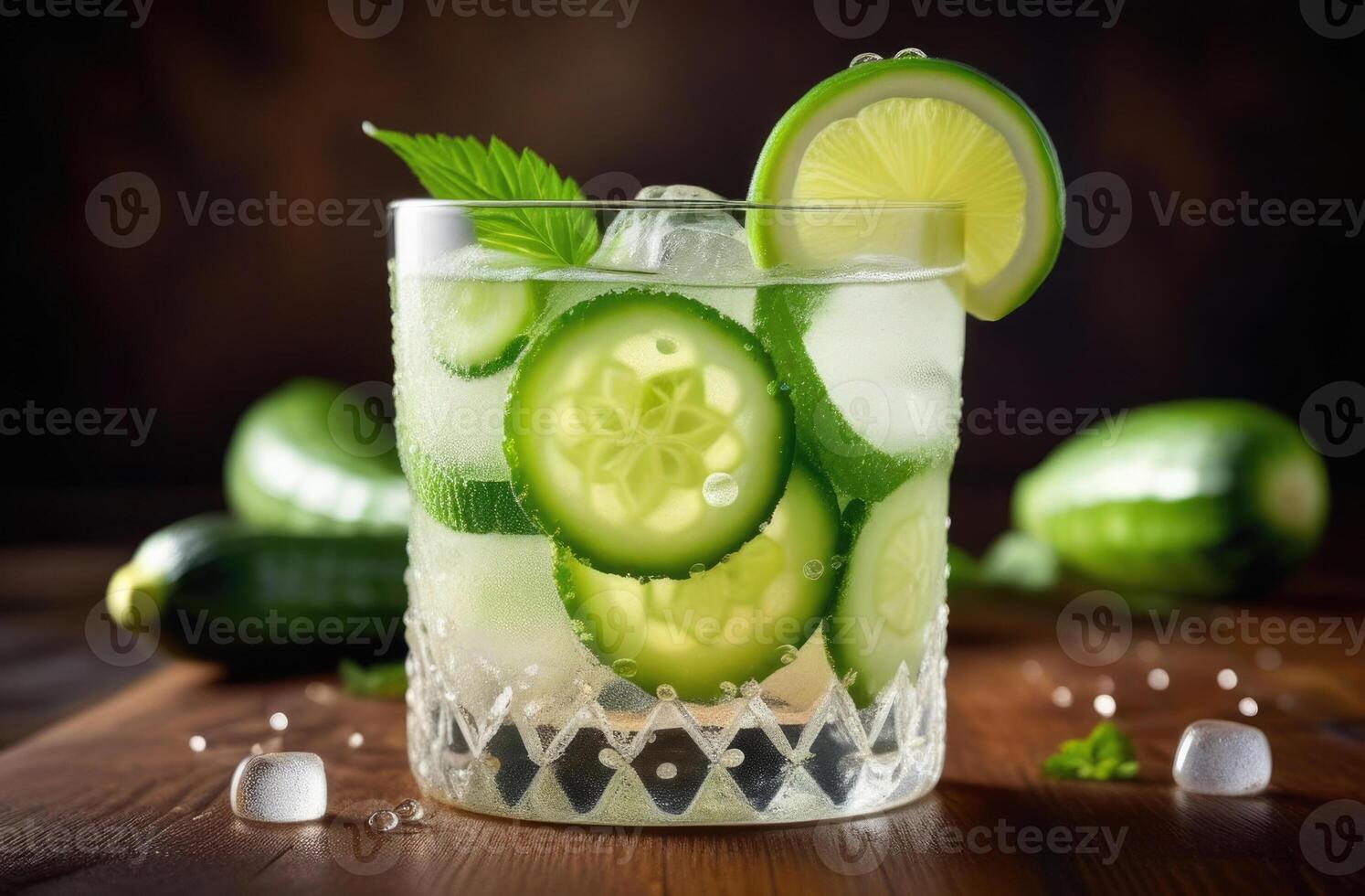 AI generated glass of non-alcoholic cucumber lemonade with mint, fresh summer cocktail with ice, refreshing drink, detox water, proper nutrition and healthy eating photo