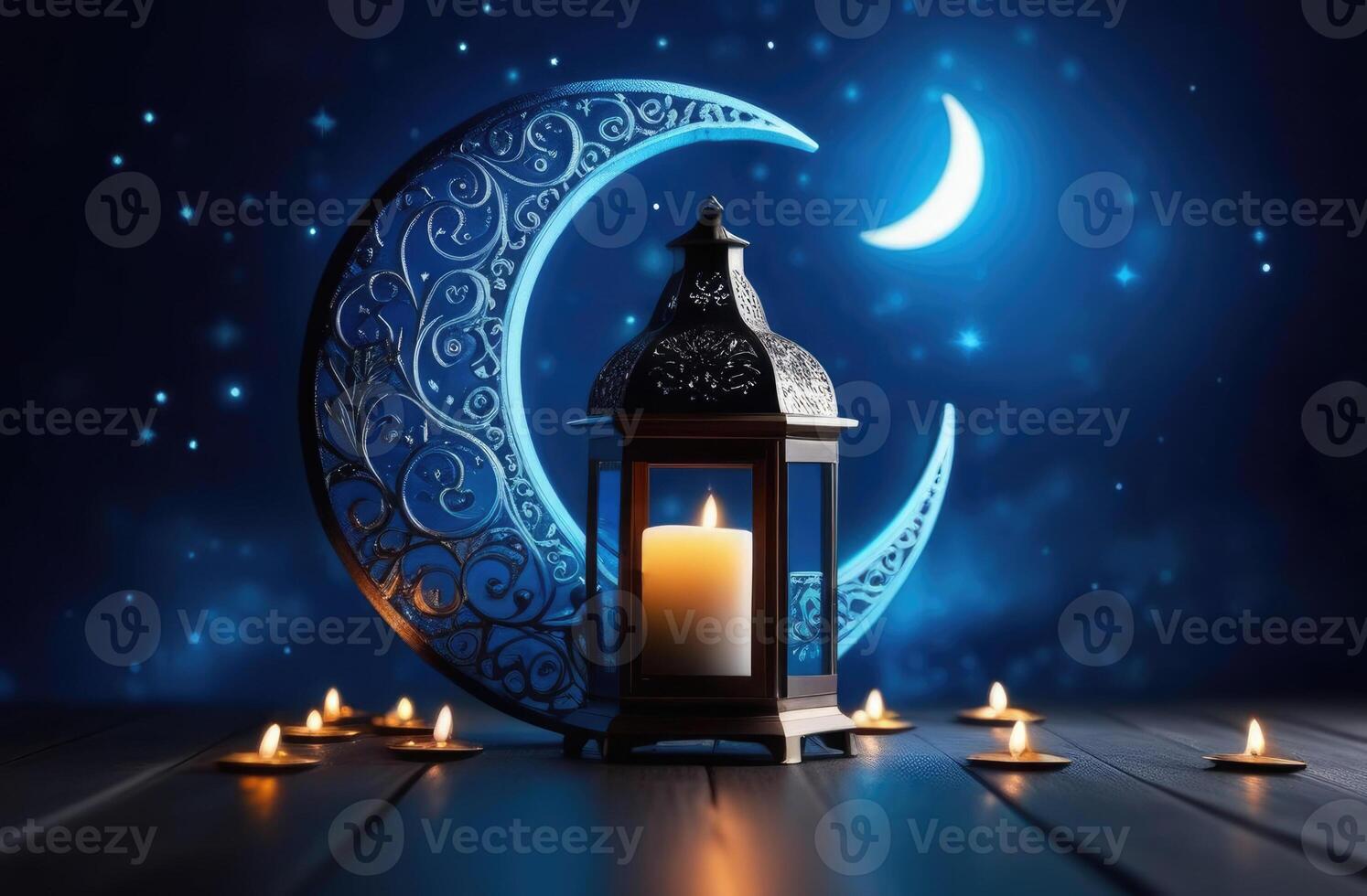 AI generated Laylat al-Qadr, Eid al-Fitr, holy month of Ramadan, Arab lantern fanus, candles, silver crescent and stars, magical atmosphere, blue background photo