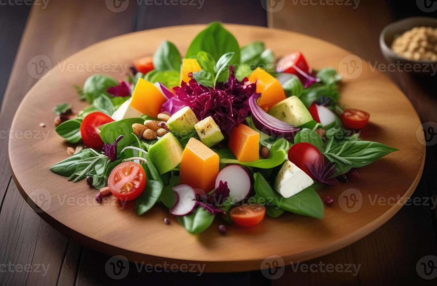 AI generated green vegetable salad, vegetarian cuisine, vegan haute cuisine, gourmet gourmet dish, beautiful restaurant serving, Diet menu, organic leafy salad photo