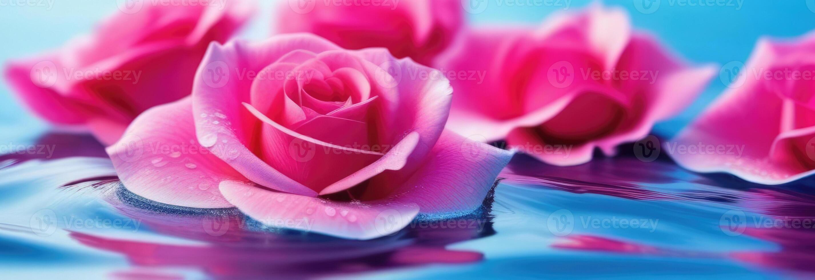 AI generated Songkran, Thai New Year, pink roses in the water, rose petals, surface with ripples, background of spa and cosmetics concepts, drops and splashes, horizontal web banner photo