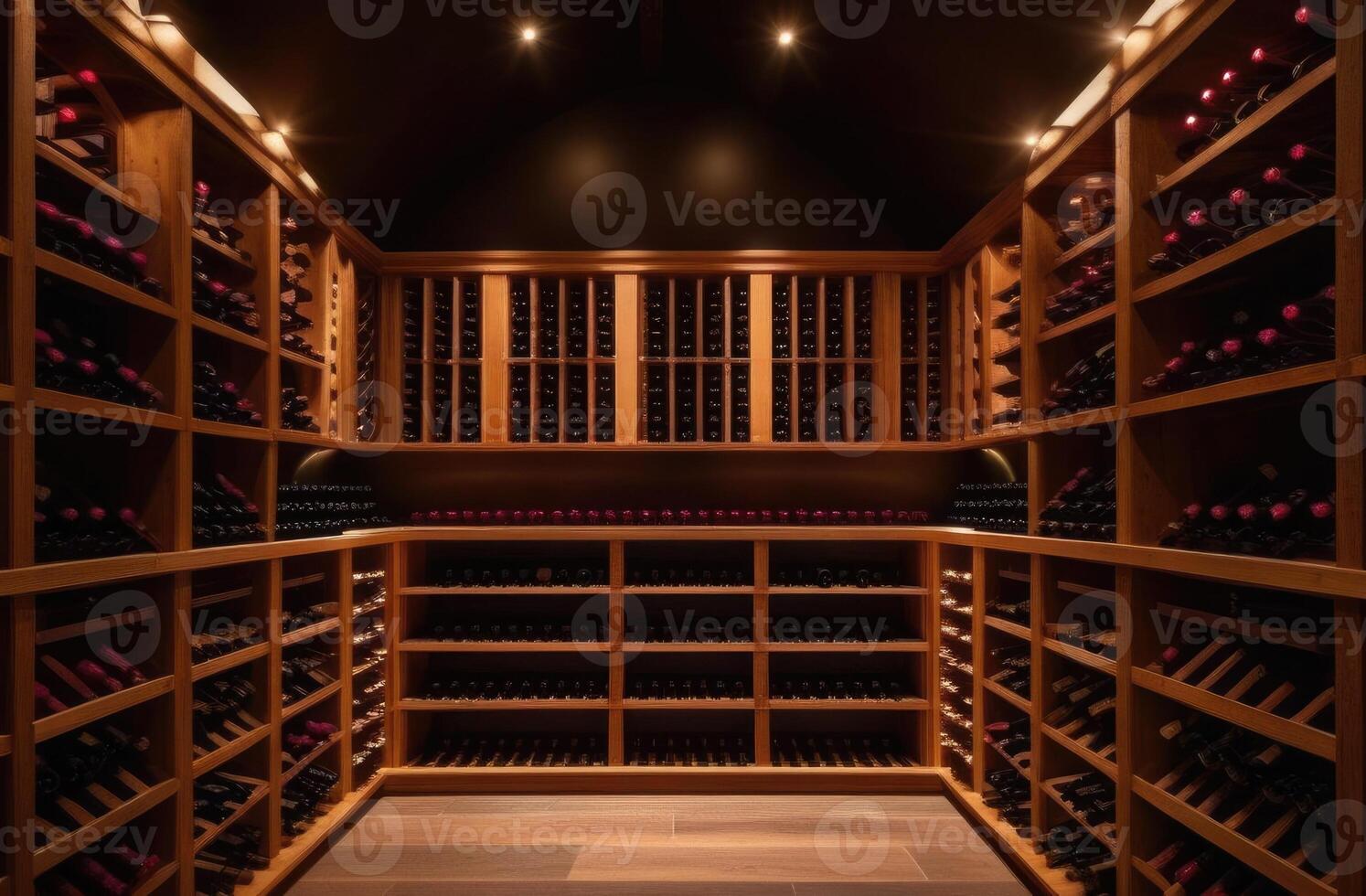 AI generated old cellar with bottles and barrels, wine cellar, wooden wine shelves, aesthetic storage, home winery, expensive alcoholic beverages photo