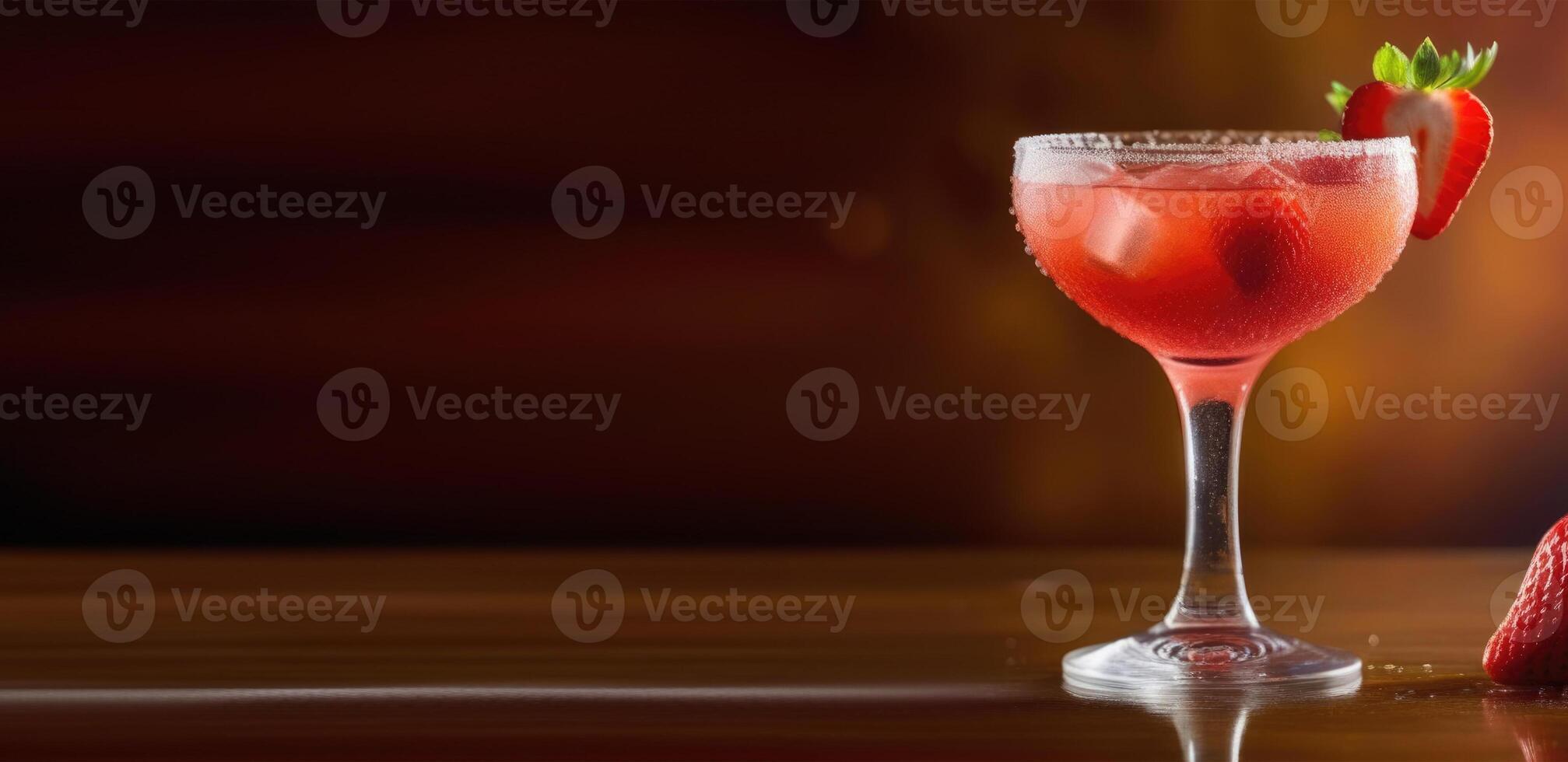 AI generated cocktail with berries, soft drink with ice, alcoholic cocktail margarita strawberry, International bartenders Day, dark background, wooden table, horizontal web banner, place for text photo