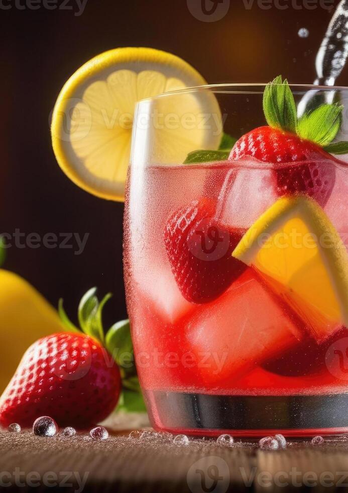 AI generated glass of non-alcoholic strawberry lemonade with mint, fresh summer cocktail with ice, refreshing drink, detox water, berry cocktail photo