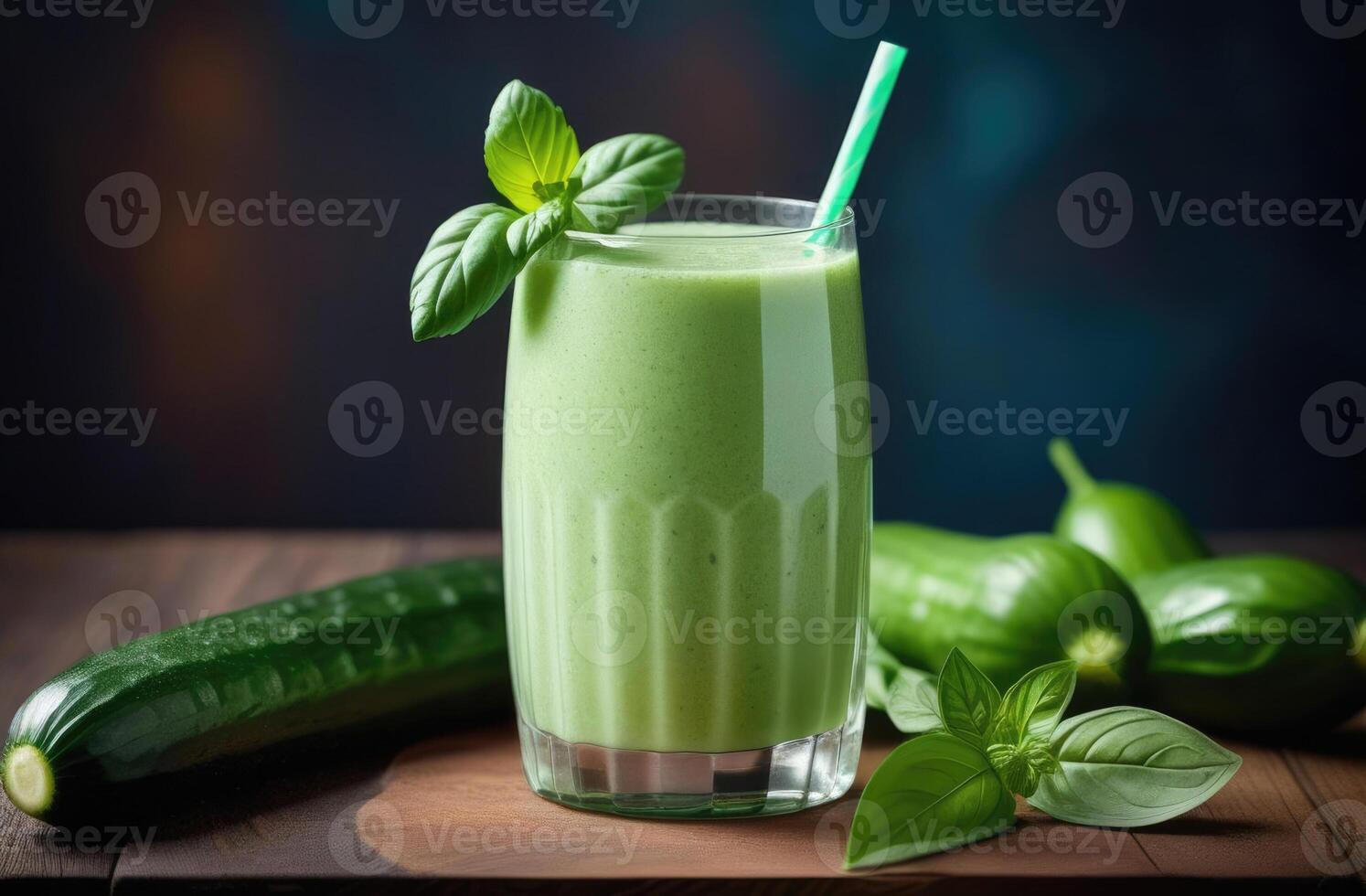AI generated Healthy green cucumber smoothie, mint and basil, diet smoothie for weight loss, healthy eating and nutrition, organic products, detoxifying green smoothie photo