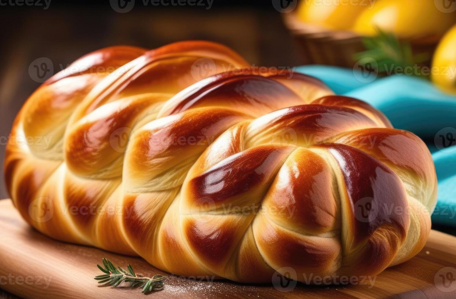 AI generated Purim, Purim pastries, national Jewish cuisine, traditional Jewish dish, Homemade bread Braided challah, Traditional Shabbat challah photo