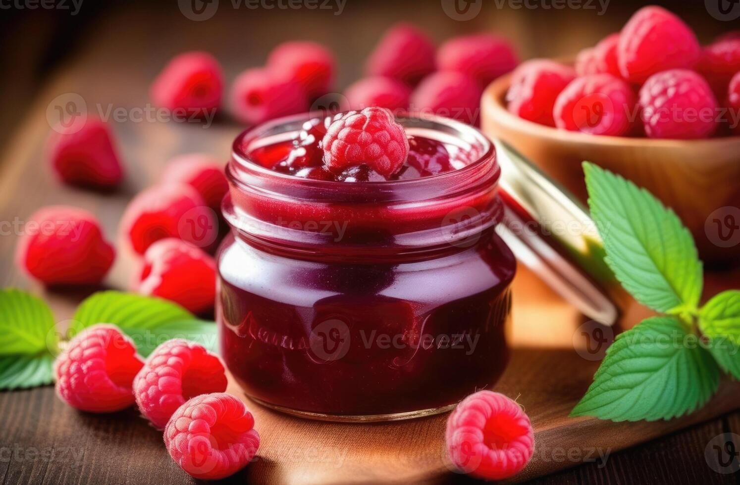 AI generated Homemade jam with raspberries, a jar of raspberry jam, sweet dessert made from fresh berries, berry confiture, homemade autumn preparations photo