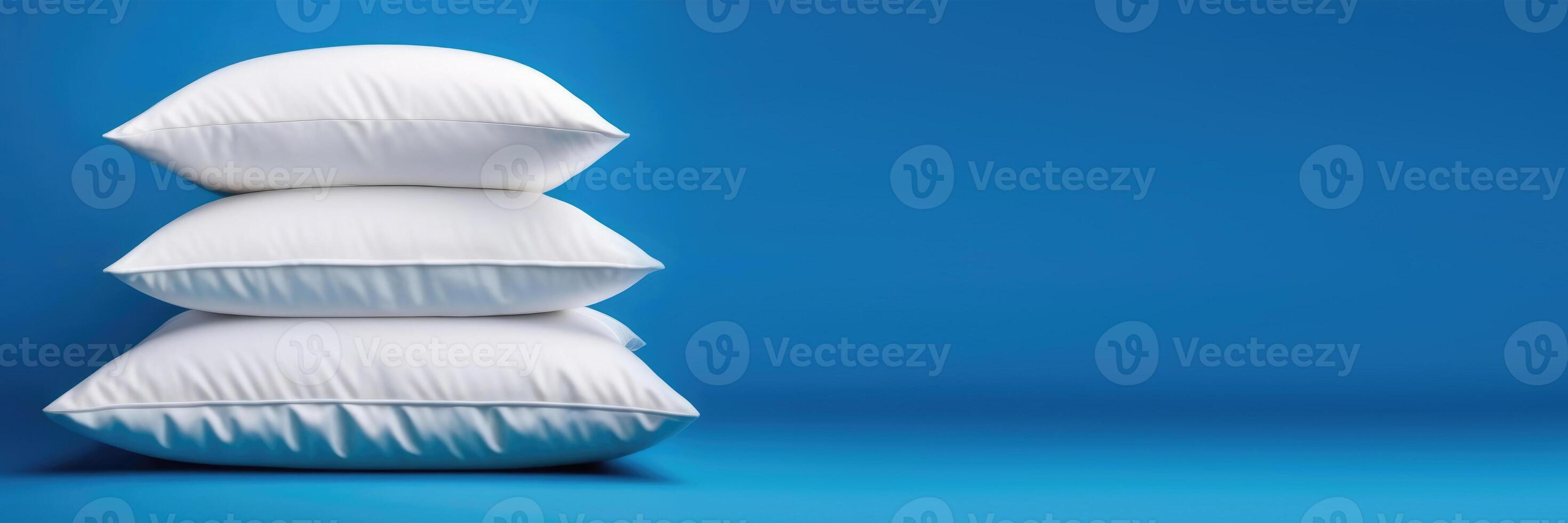 AI generated horizontal web banner for a textile store, World Sleep Day, stack of three white pillows, bed linen, blue background, place for text photo