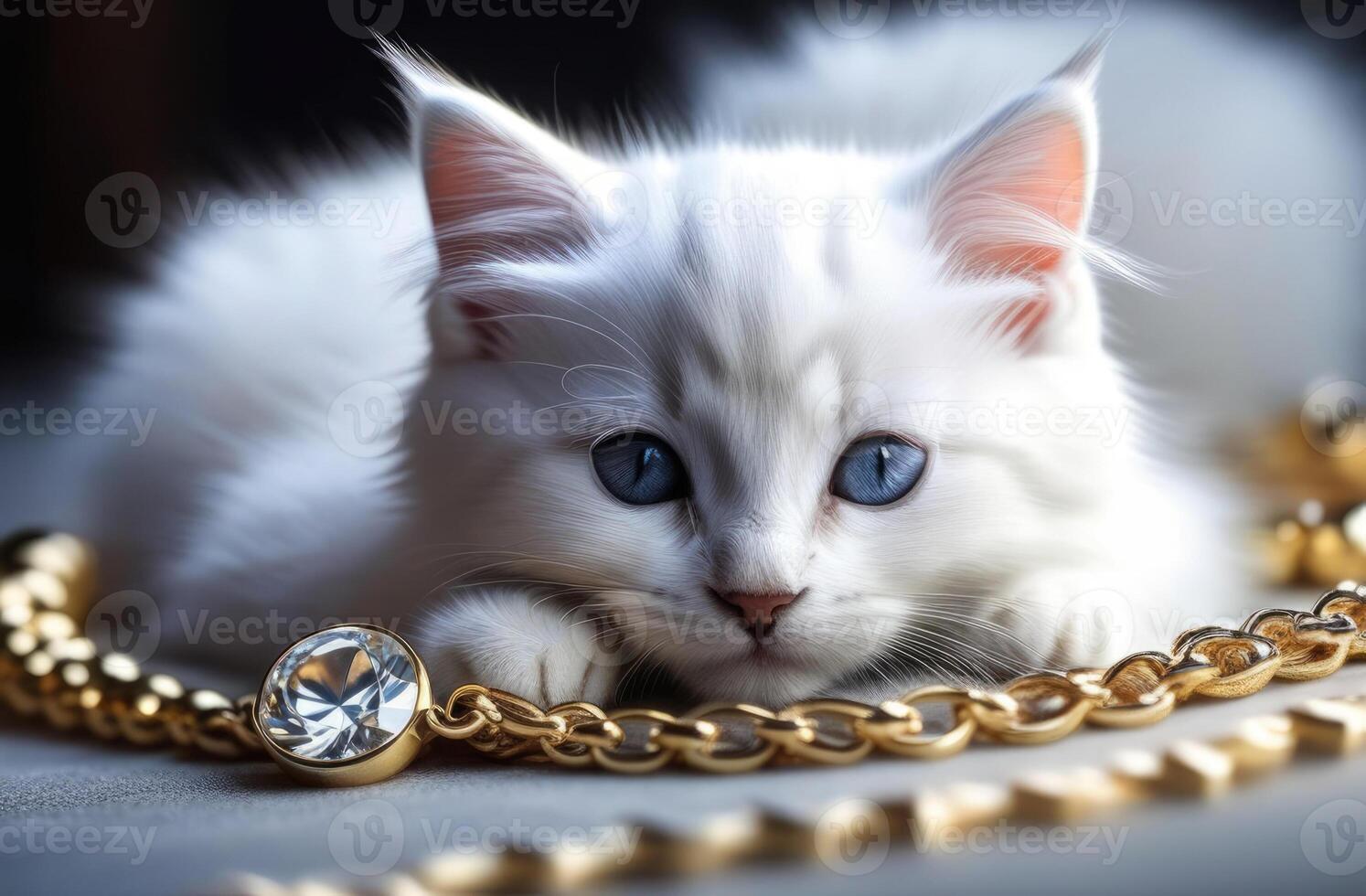 AI generated jewelry salon, jewelry advertising, gold and silver jewelry with precious stones, cute fluffy pet white kitten, pets in advertising, advertising luxury trend photo