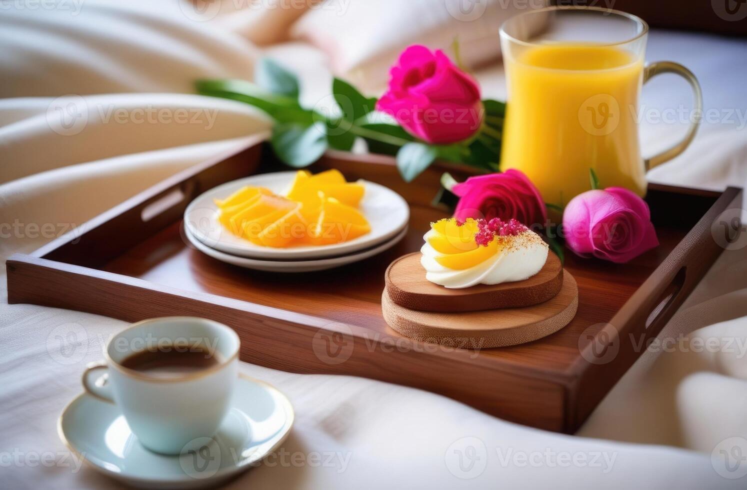 ai generado San Valentín día, mundo familia día, romántico desayuno en cama, de madera bandeja en el cama, café, flores y baya postre foto