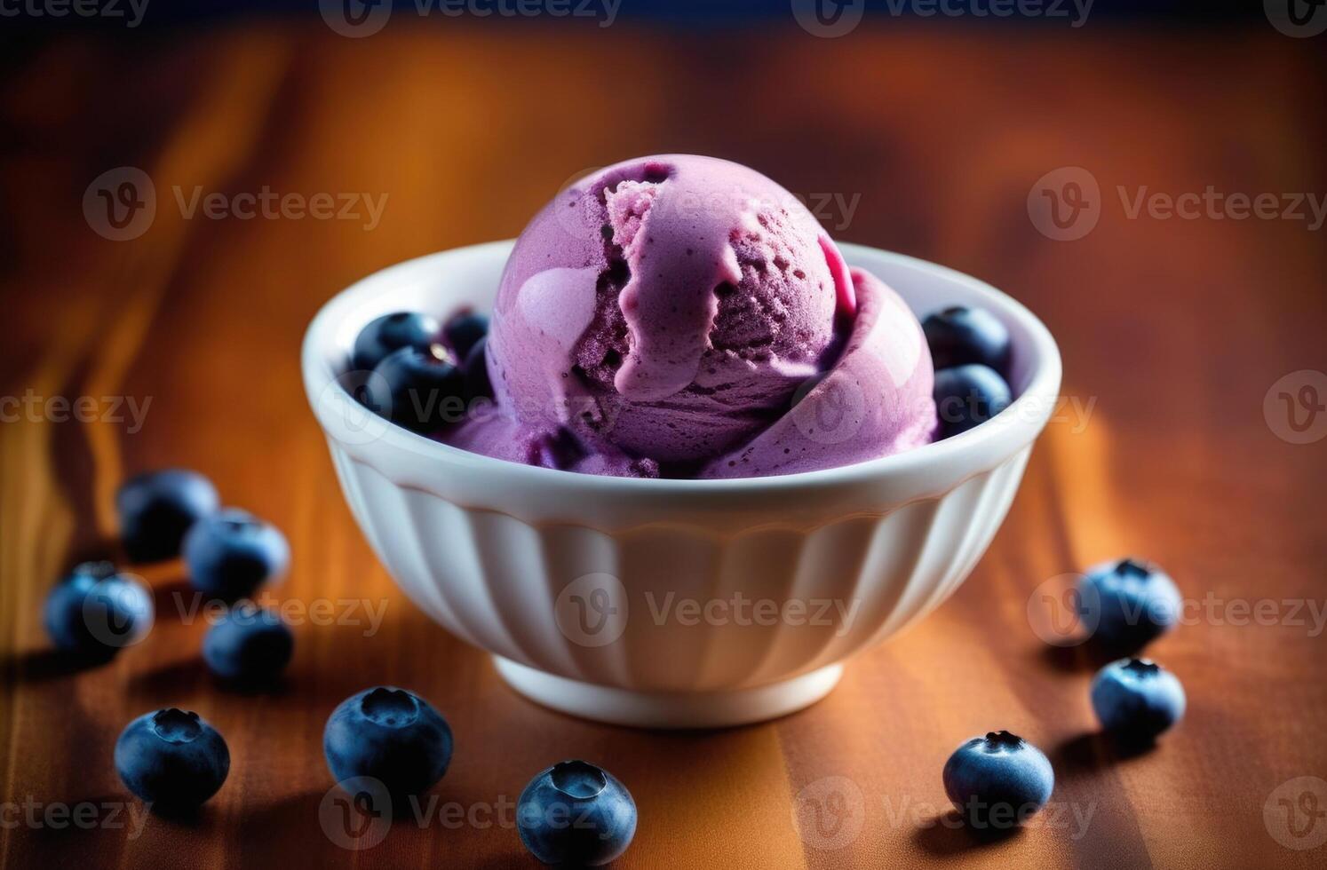 AI generated blueberry ice cream balls, berry sweet dessert, ice cream with fresh berries, summer refreshing dessert on a wooden table photo