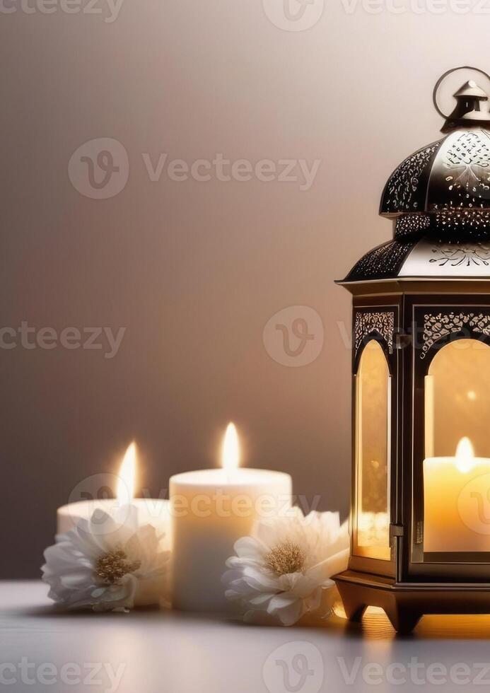 AI generated Eid al-Fitr, holy month of Ramadan, Laylat al-Qadr, Arab lantern fanus, candles, white flowers, pastel shades, light background, vertical banner, place for text photo
