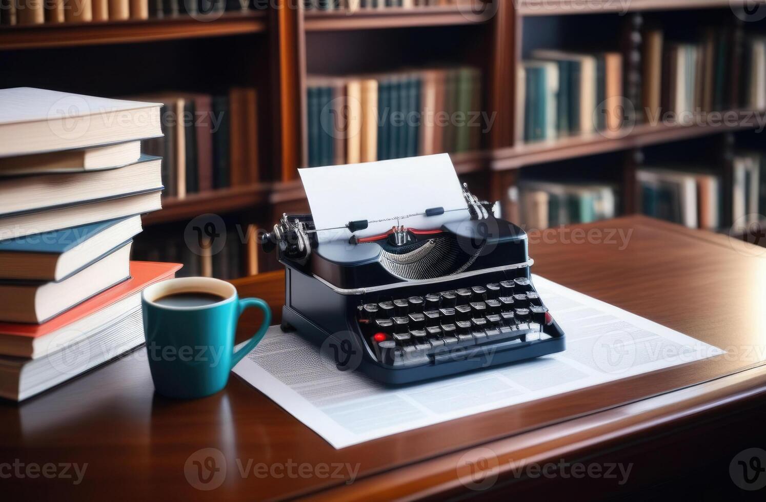 AI generated international Book Day, World writers day, retro typewriter, authors desk, book pages, rough sketches, literature teacher, home library, coffee mug, stack of books photo