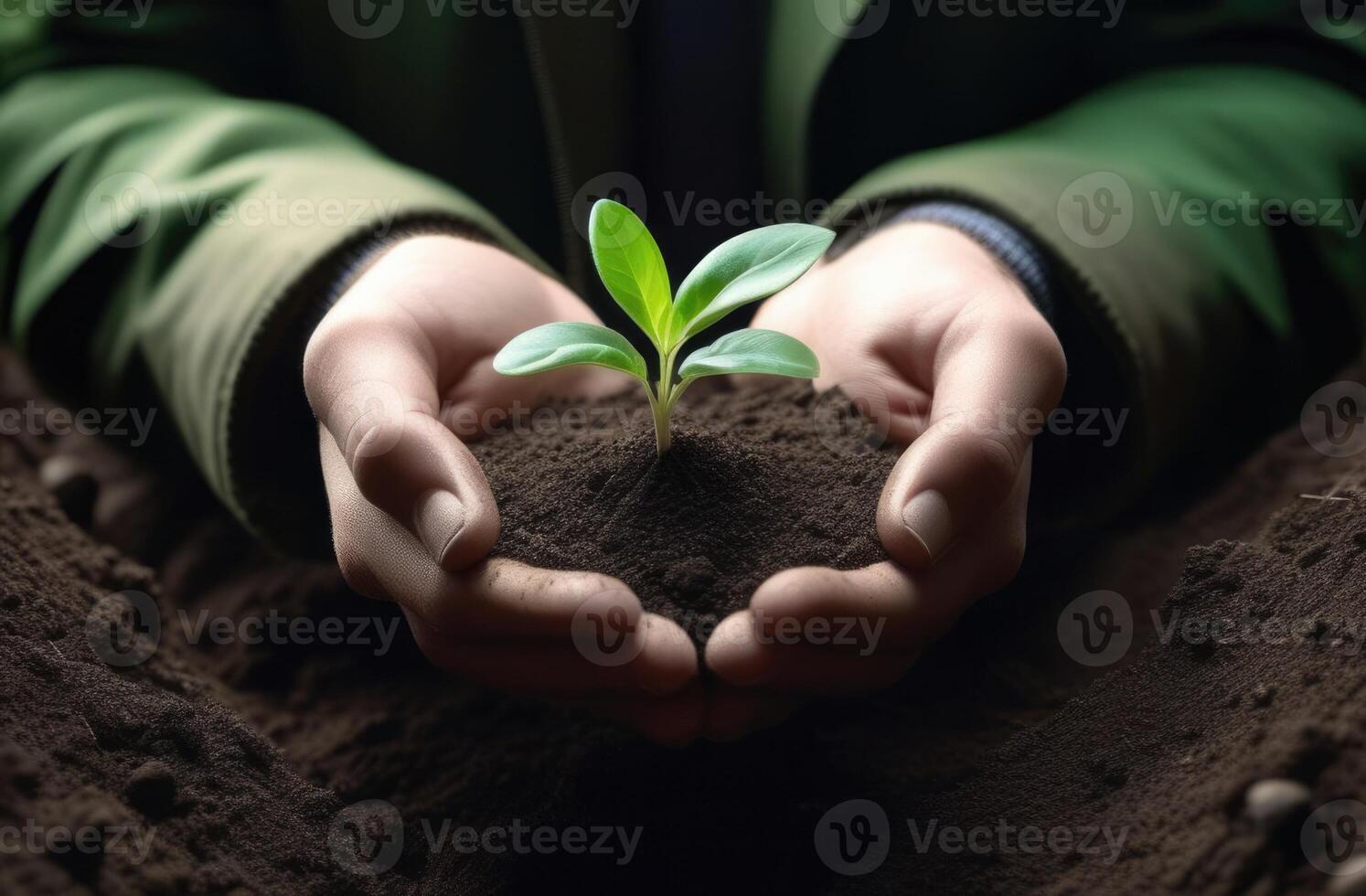 AI generated Arbor Day, a handful of earth in your hands, a green sprout in your palms, Handholding tree sapling, planting plants, a young plant grows out of the soil photo