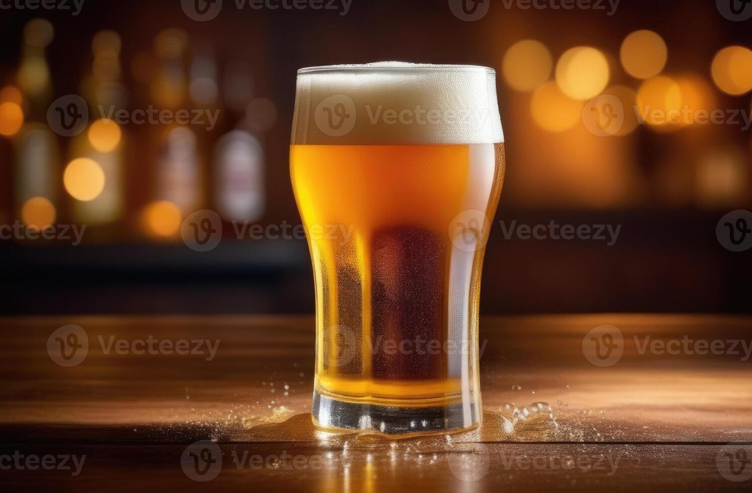 AI generated world bartender's day, National beer day, foamy drink on the bar, glass of beer, dark bar atmosphere on the background photo