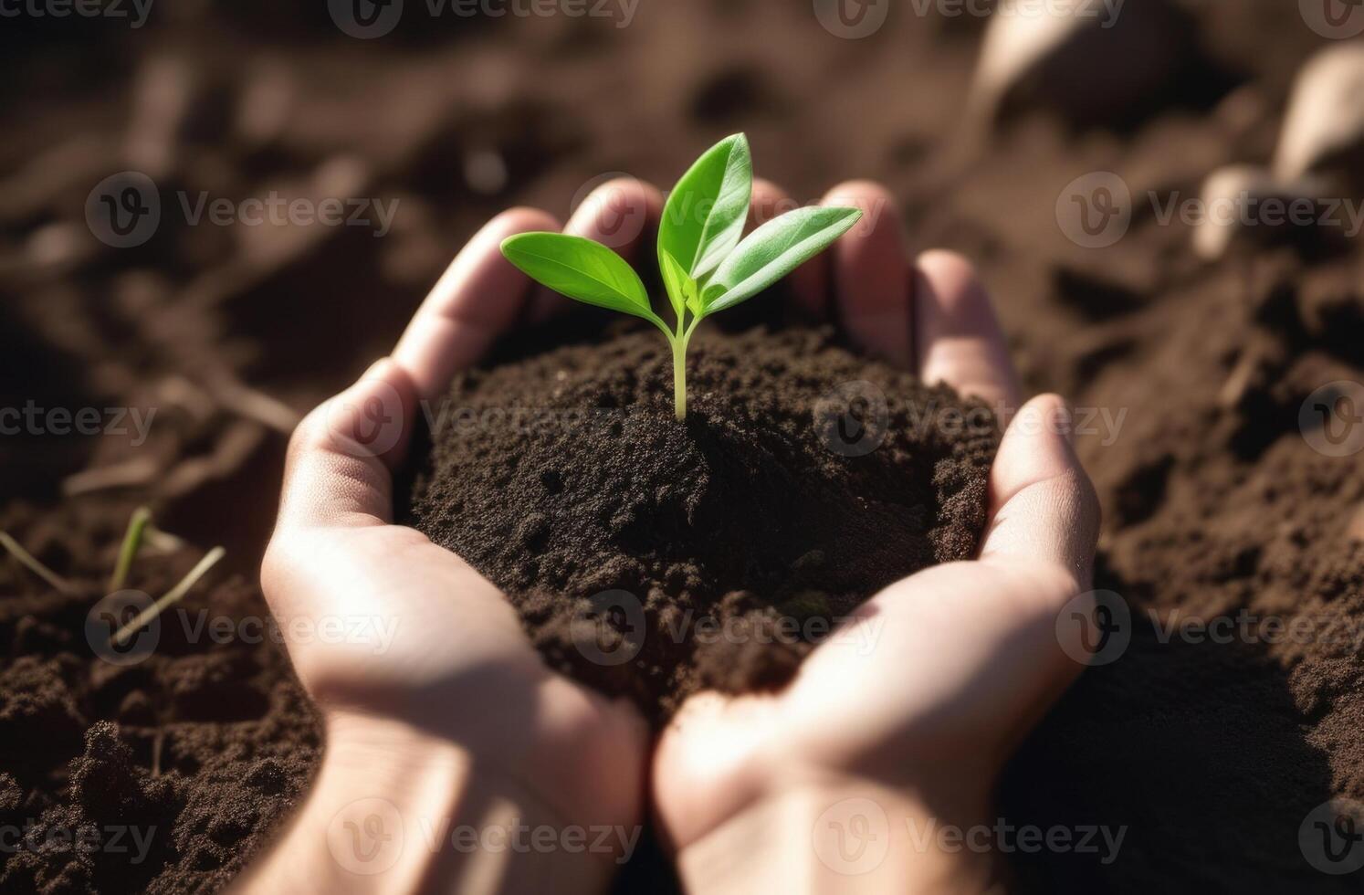 AI generated Arbor Day, a green sprout in the palms, a handful of earth in the hands, Handholding tree sapling, planting plants, a young plant grows out of the soil, dark background photo
