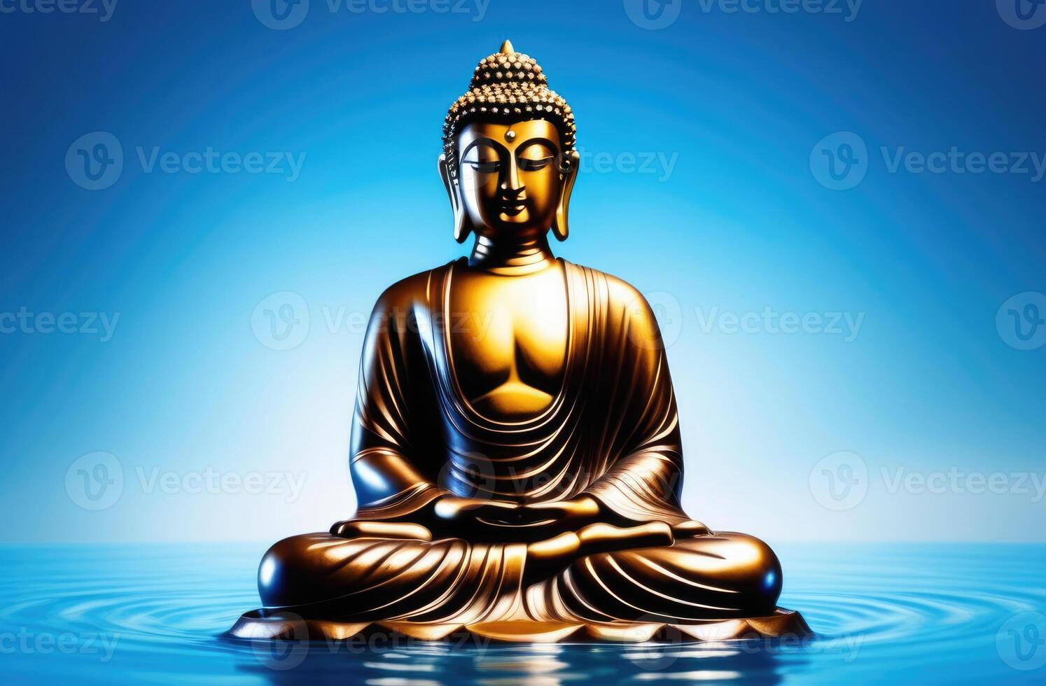 AI generated Songkran, Thai New Year, bronze Buddha statue in water, sacred deity, drops and splashes, blue background photo