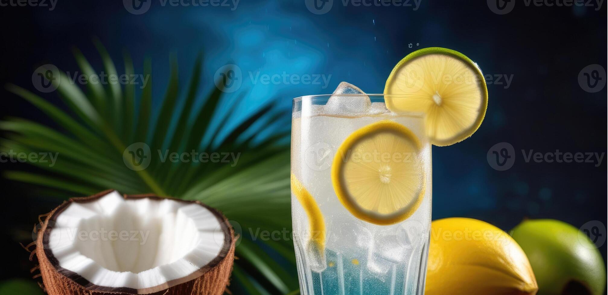 AI generated glass of non-alcoholic coconut lemonade, refreshing tropical drink, fresh summer cocktail with ice, detox water, fruit cocktail, beach bar photo