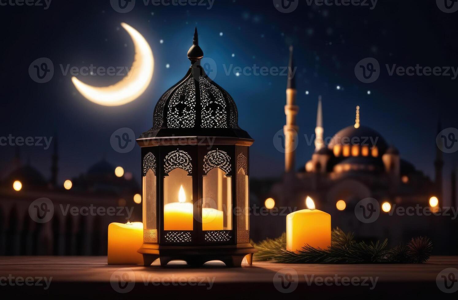 ai generado eid al fitr, Laylat al qadr, santo mes de ramadán, árabe fans linterna en un de madera antepecho, velas, mezquita con minaretes, ver desde el ventana, Luna Luna y estrellas foto