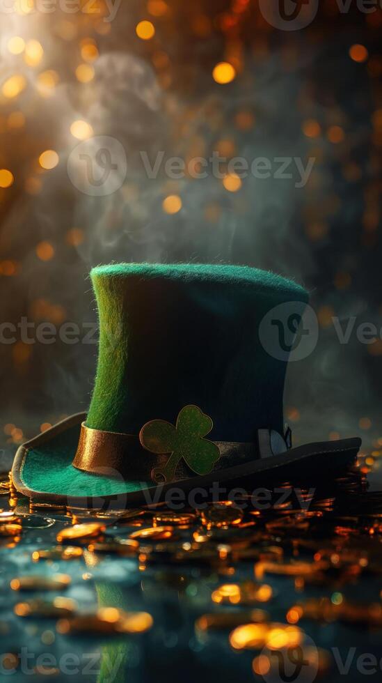 AI generated Green Patricks hat with gold coins close up background photo