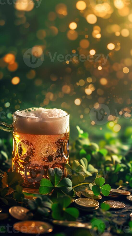 AI generated Irish glass of beer with foam and gold coins photo